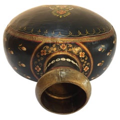 Metal Mughal Style Black Hand-Painted Water Jug Vase Rajasthan India