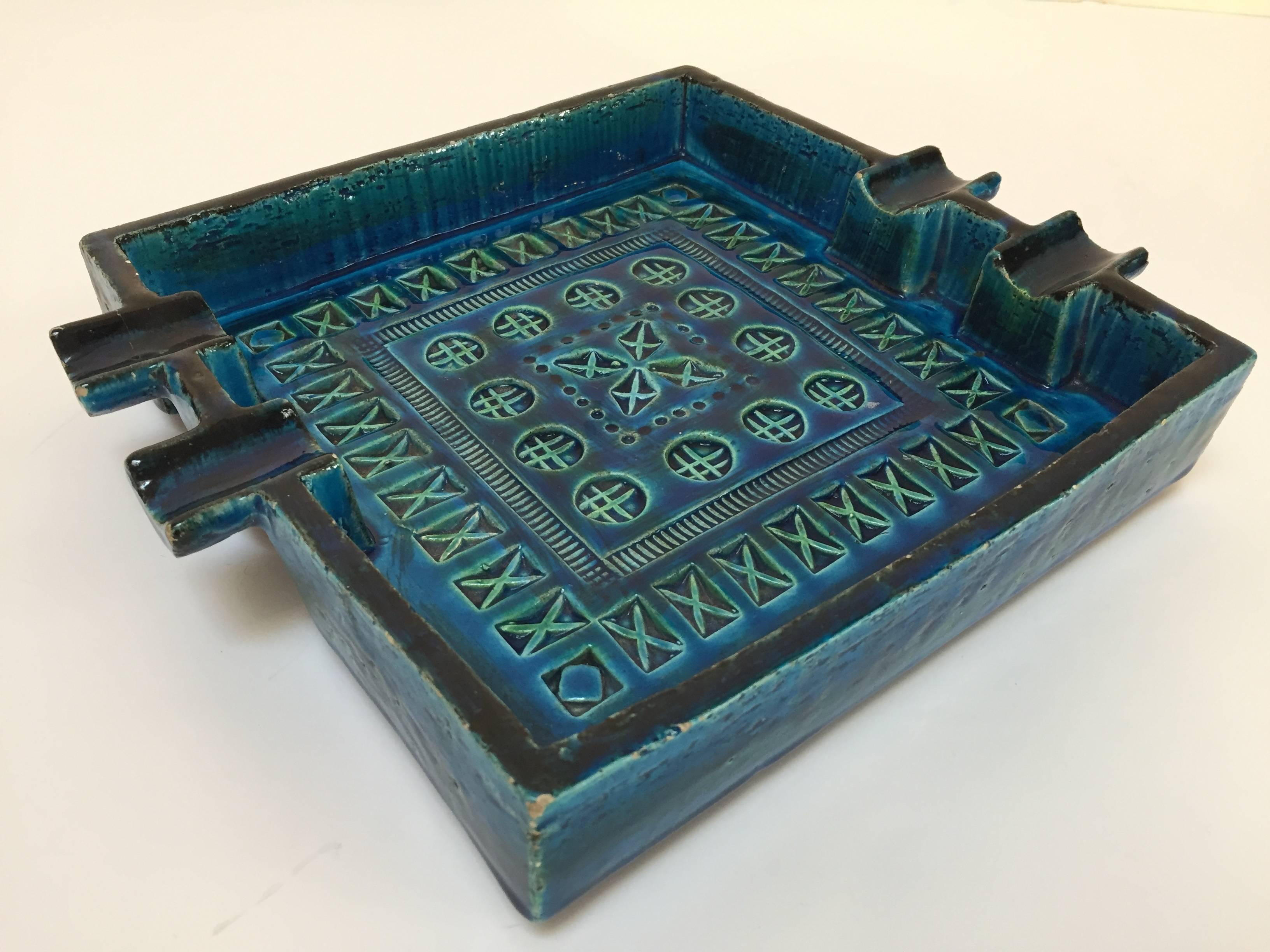 Hand-Carved Aldo Londi Blue Ceramic Ashtray Handcrafted in Italy