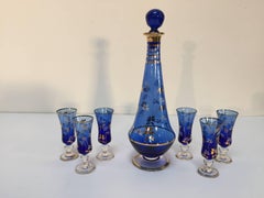 Cobalt Blue Enameled Glass Liquor Set Decanter and Six Glasses from Portugal