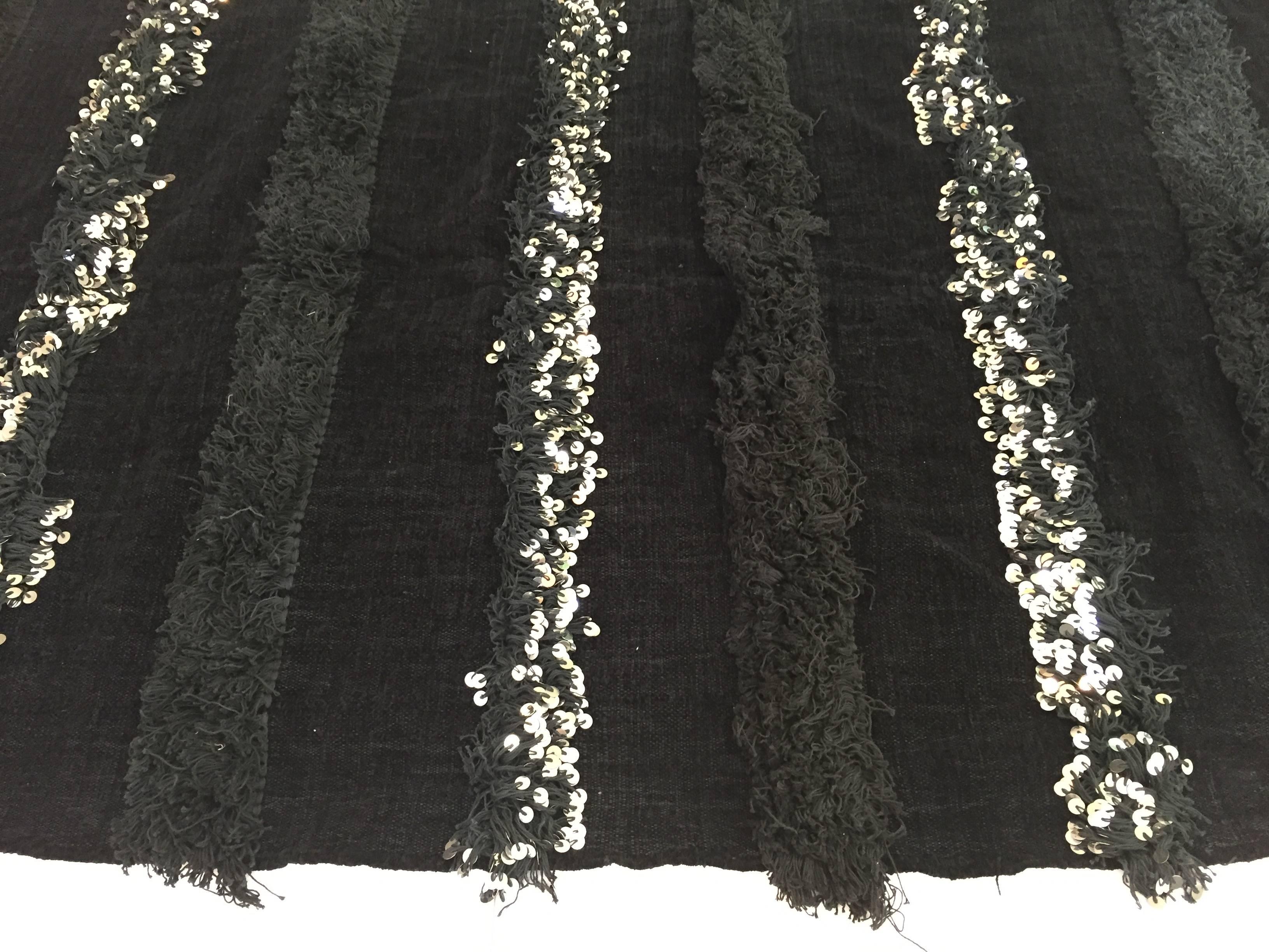 Vintage Black Moroccan Throw Blanket Tribal Textile with Silver Sequins In Good Condition In North Hollywood, CA