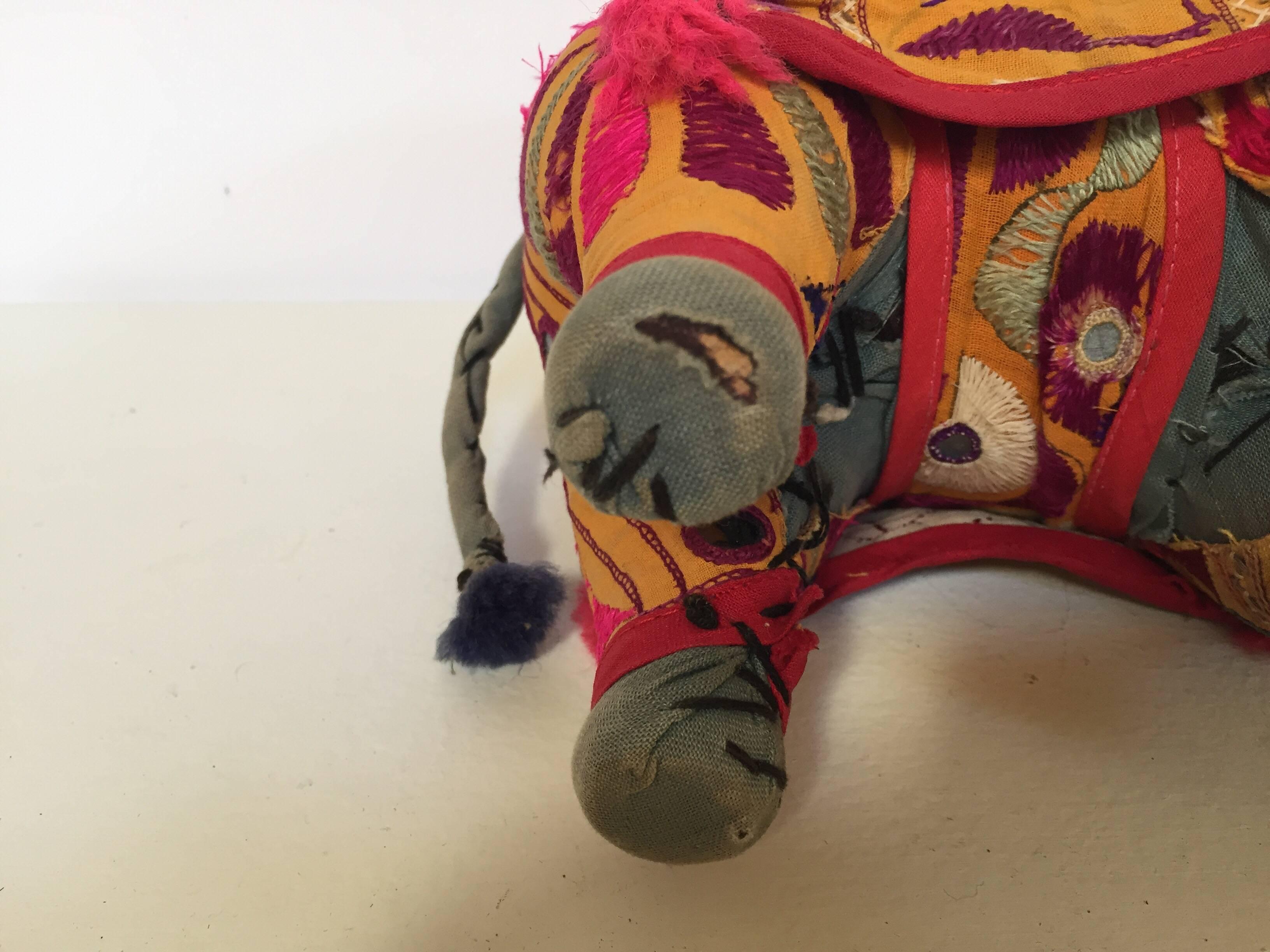 20th Century Hand-Crafted Anglo Raj Vintage Stuffed Cotton Embroidered Elephant, India 1950
