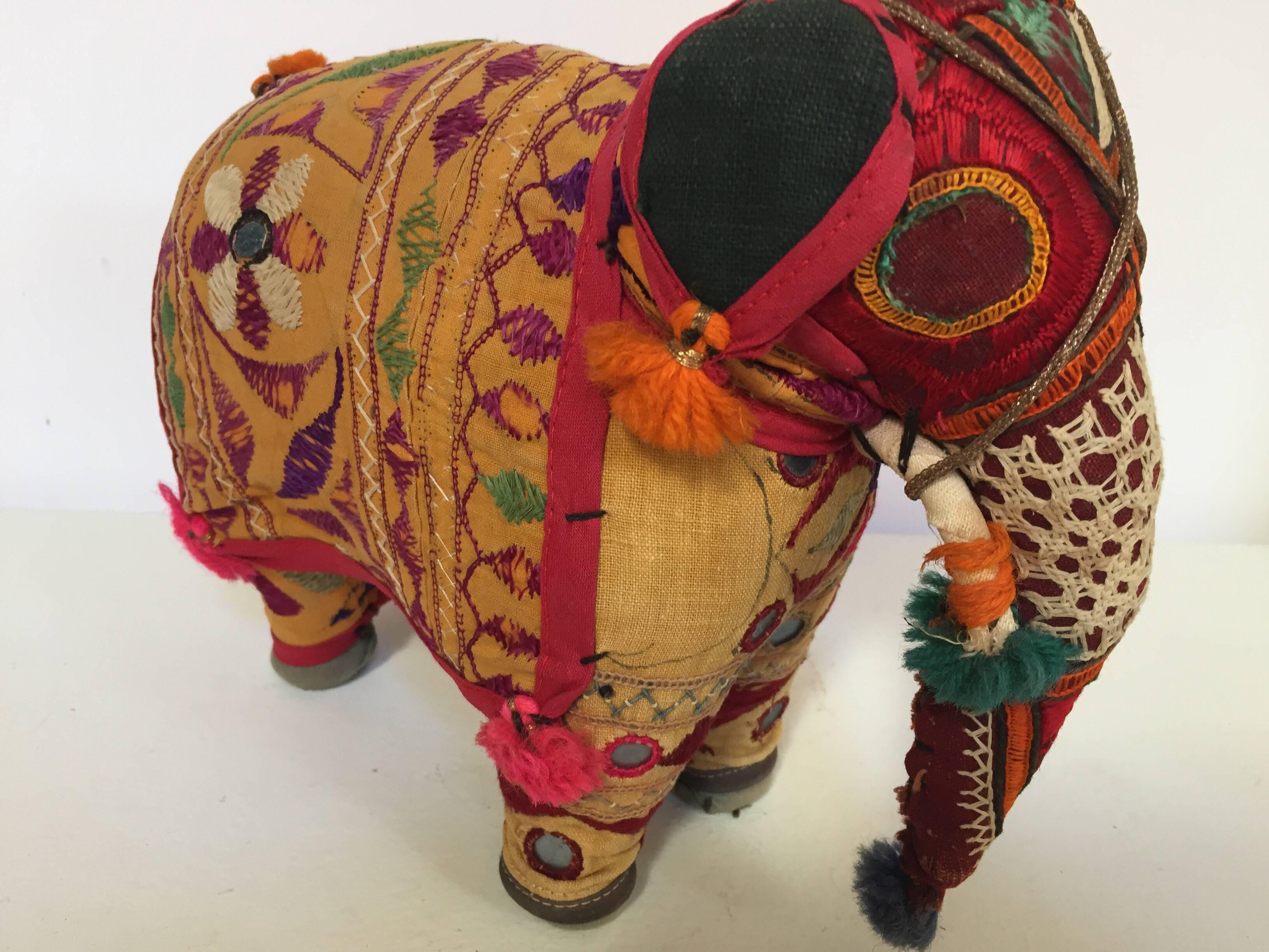 Fabric Hand-Crafted Anglo Raj Vintage Stuffed Cotton Embroidered Elephant, India 1950
