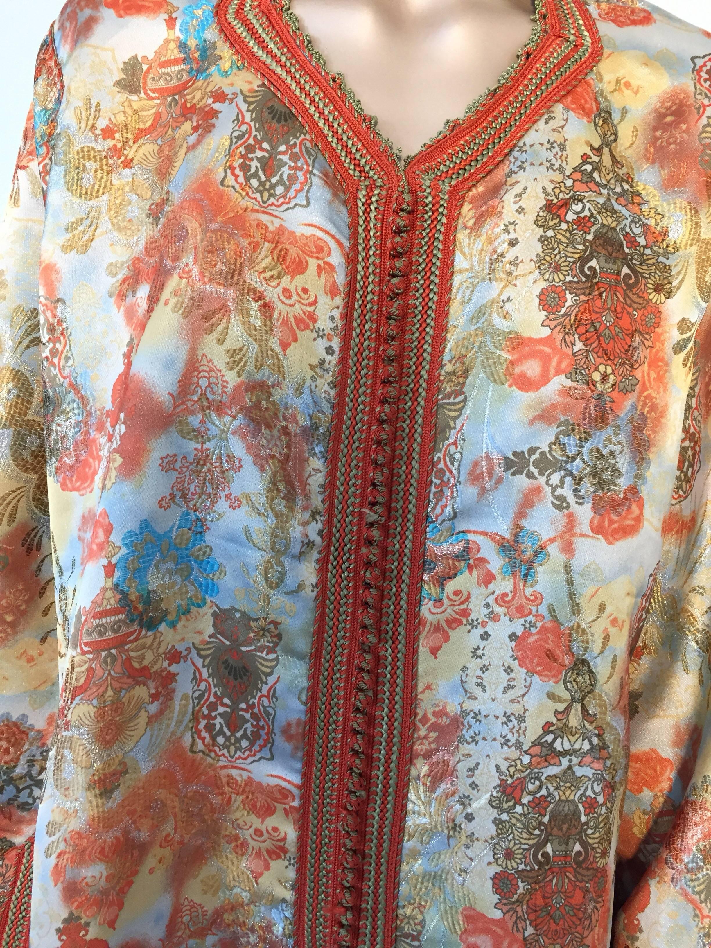 Late 20th Century Moroccan Caftan Floral Brocade Multicolored Embroidered Kaftan 1970s For Sale