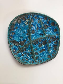 Vintage French Set of Three Glazed Painted Stoneware Plates in Blue Lava 1970s