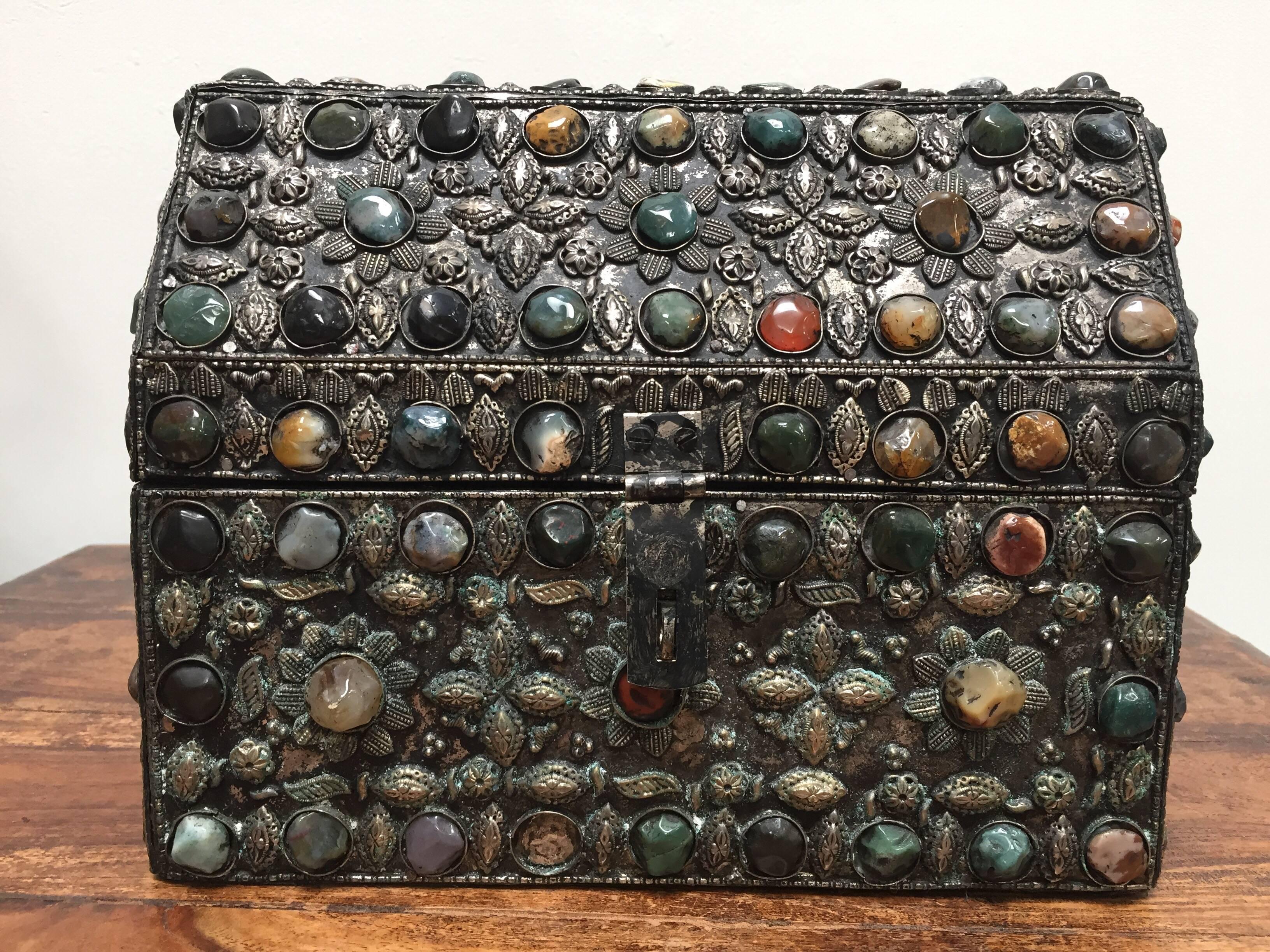 Moorish Large Moroccan Wedding Silvered Jewelry Box Inlaid with Semi-Precious Stones For Sale