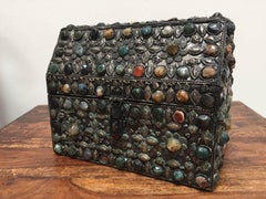 Large Moroccan Wedding Silvered Jewelry Box Inlaid with Semi-Precious Stones