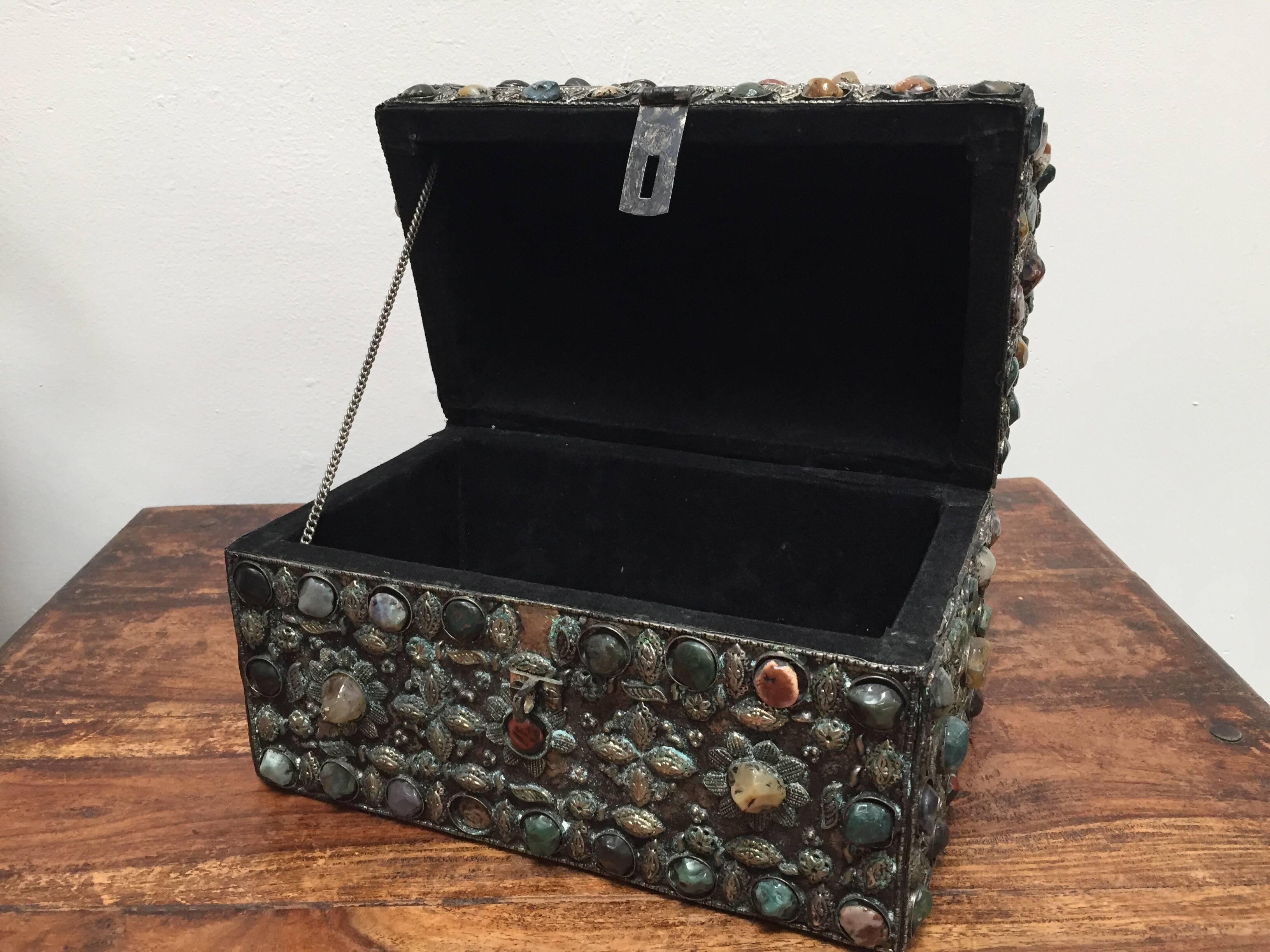 Multi-gemstone Large Moroccan Wedding Silvered Jewelry Box Inlaid with Semi-Precious Stones For Sale