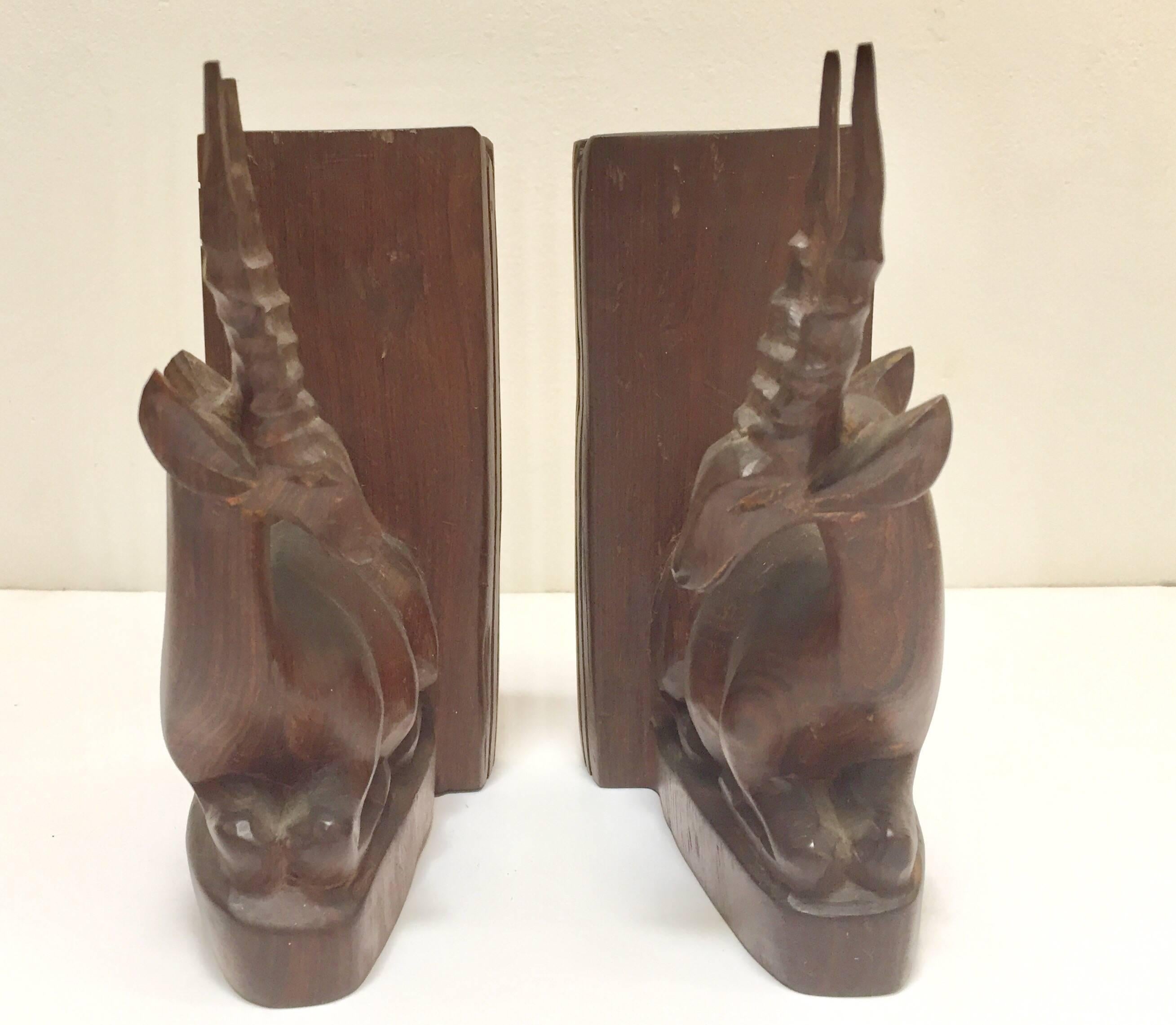 Mid-Century Modern Hand-Carved Wooden Mid-Century Antelope Sculptures Bookends