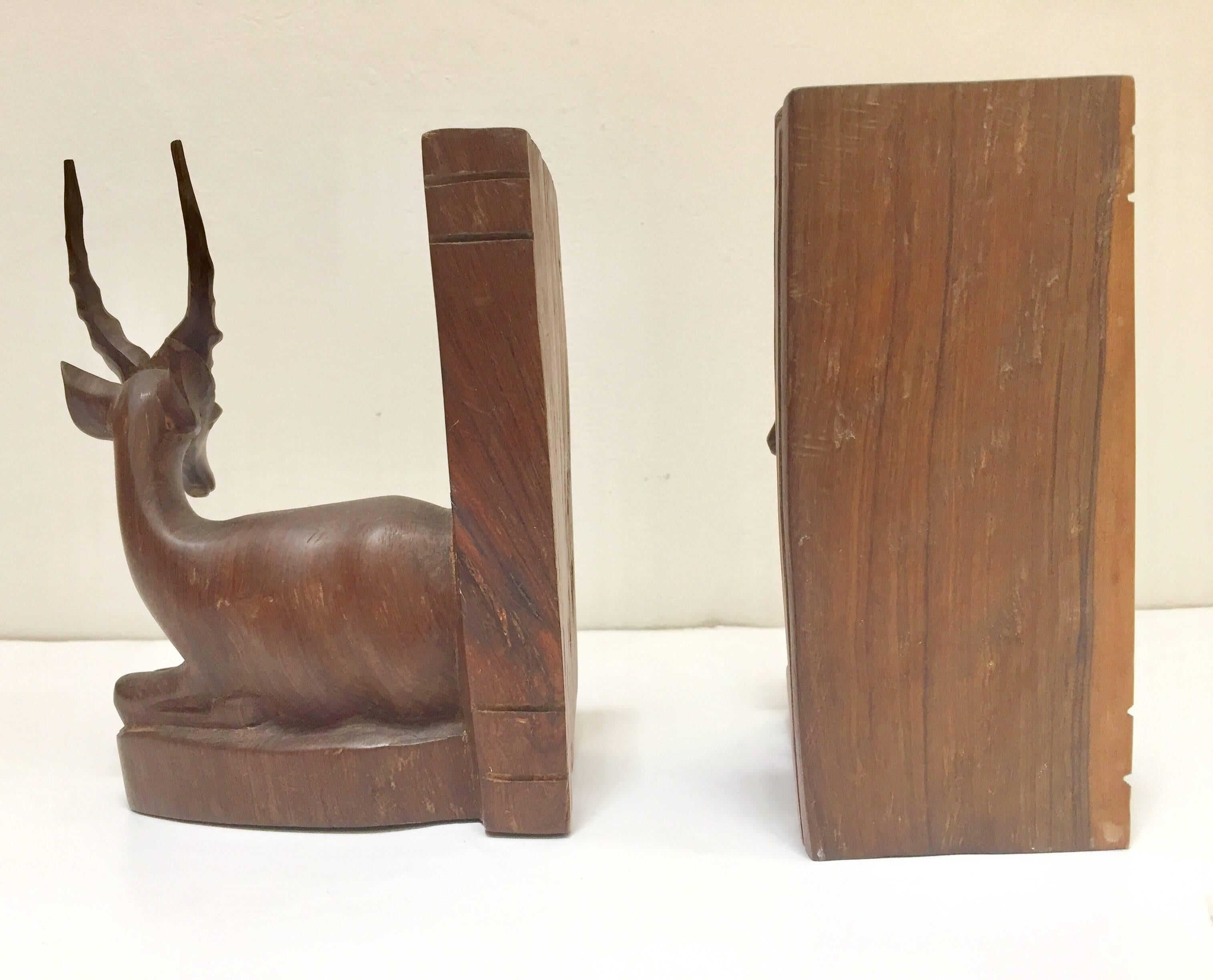 Kenyan Hand-Carved Wooden Mid-Century Antelope Sculptures Bookends