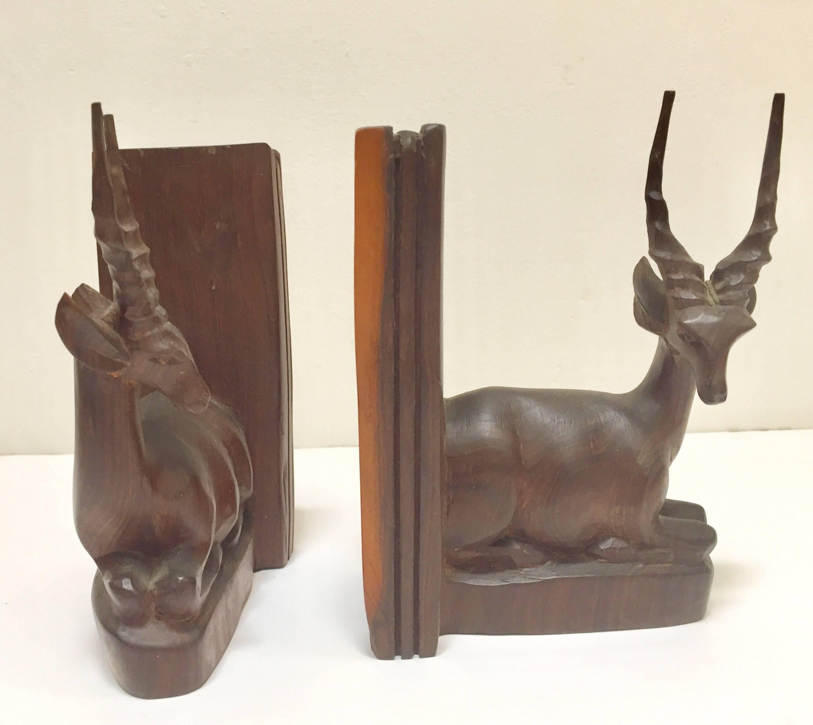 20th Century Hand-Carved Wooden Mid-Century Antelope Sculptures Bookends