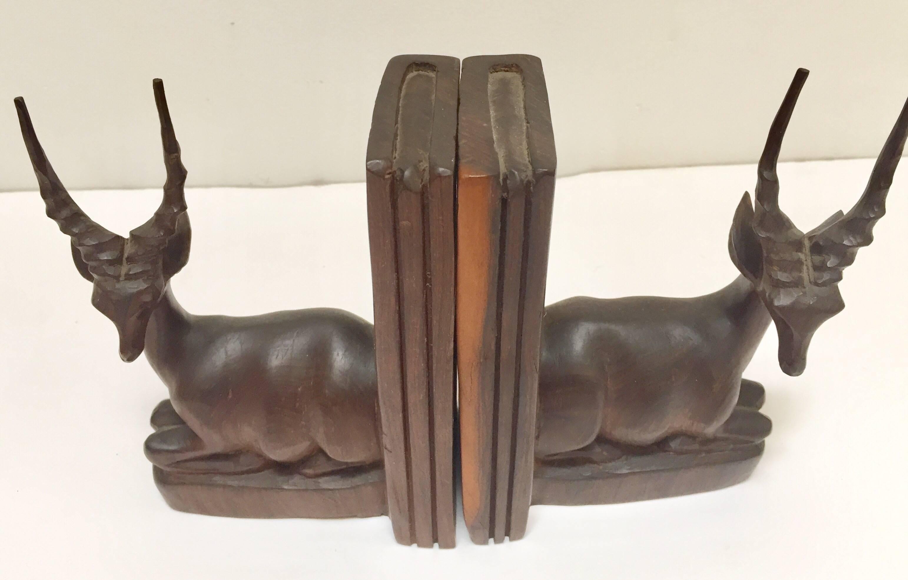 Ebony Hand-Carved Wooden Mid-Century Antelope Sculptures Bookends