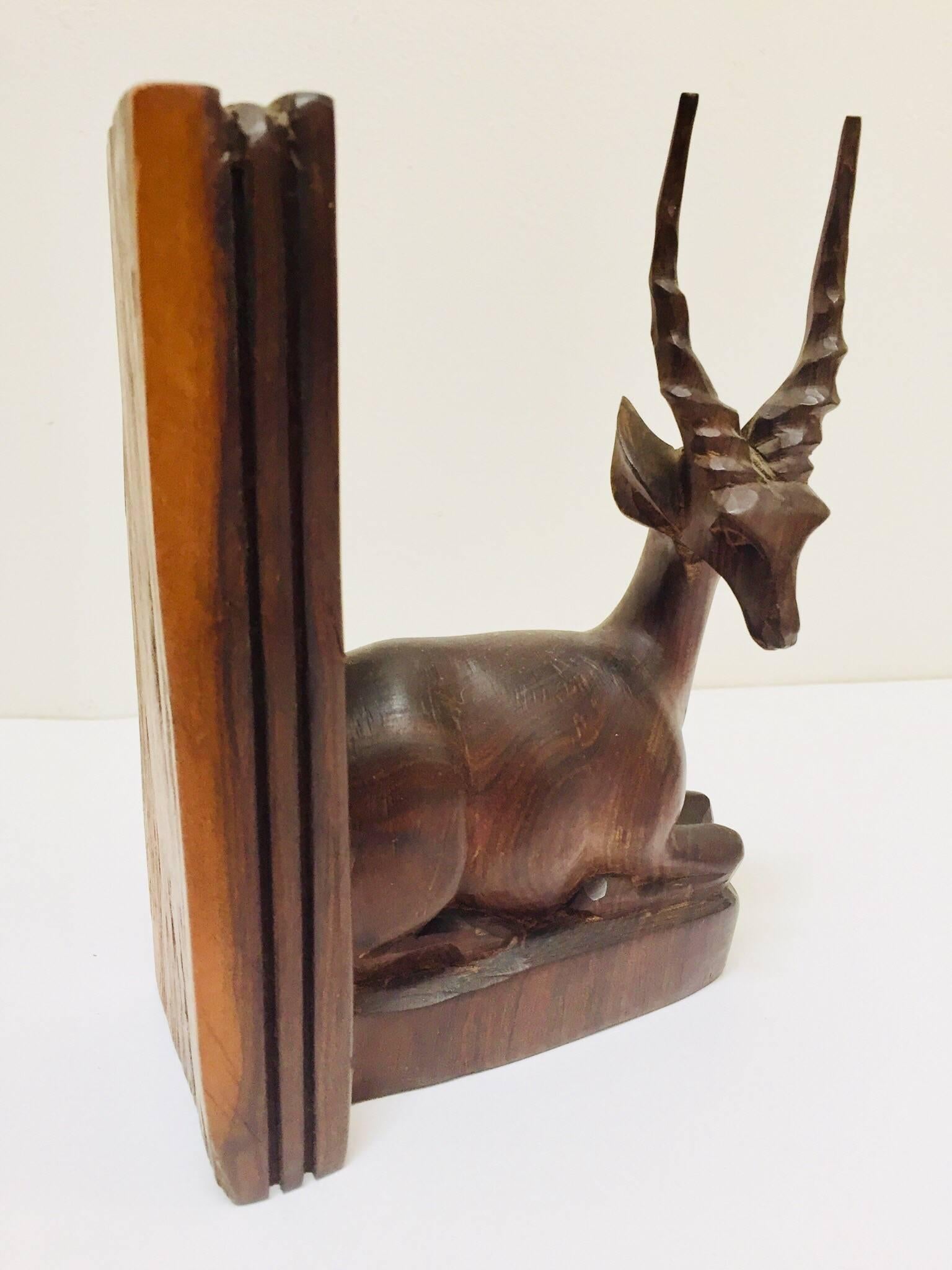 Hand-Carved Wooden Mid-Century Antelope Sculptures Bookends 1