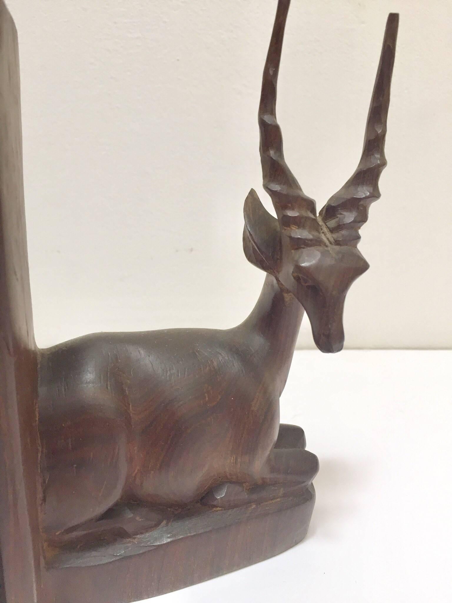 Hand-Carved Wooden Mid-Century Antelope Sculptures Bookends 2