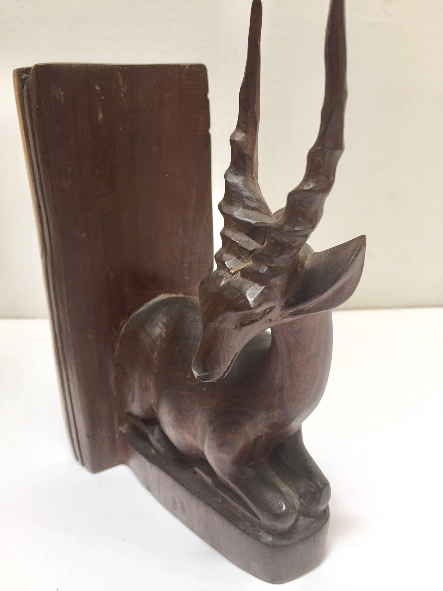 Hand-Carved Wooden Mid-Century Antelope Sculptures Bookends 3