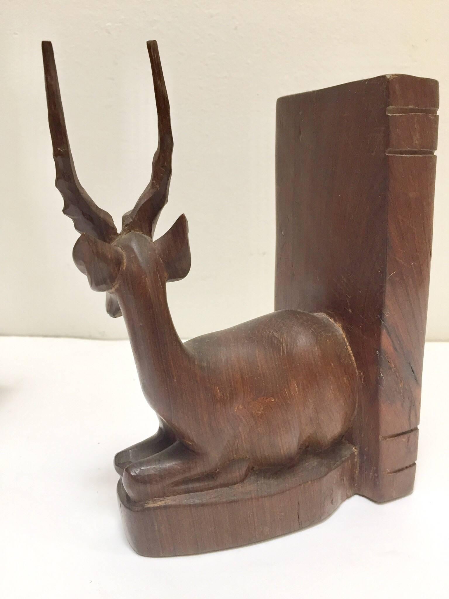Hand-Carved Wooden Mid-Century Antelope Sculptures Bookends 4