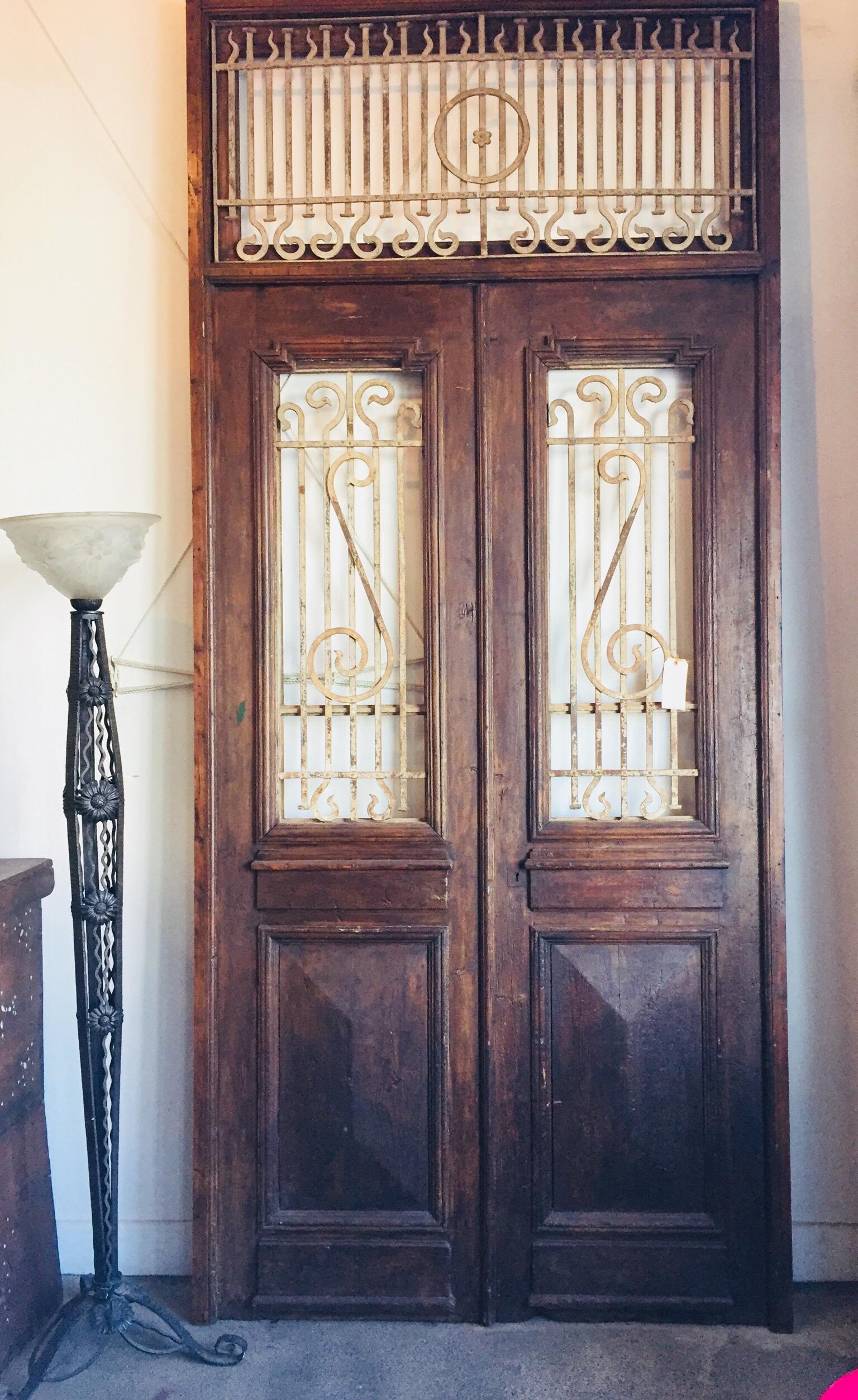 Set Of French Painted Double Entry Door With Iron Insert For At Set Of French Painted Double Entry Door With Iron Insert For At 1stdibs