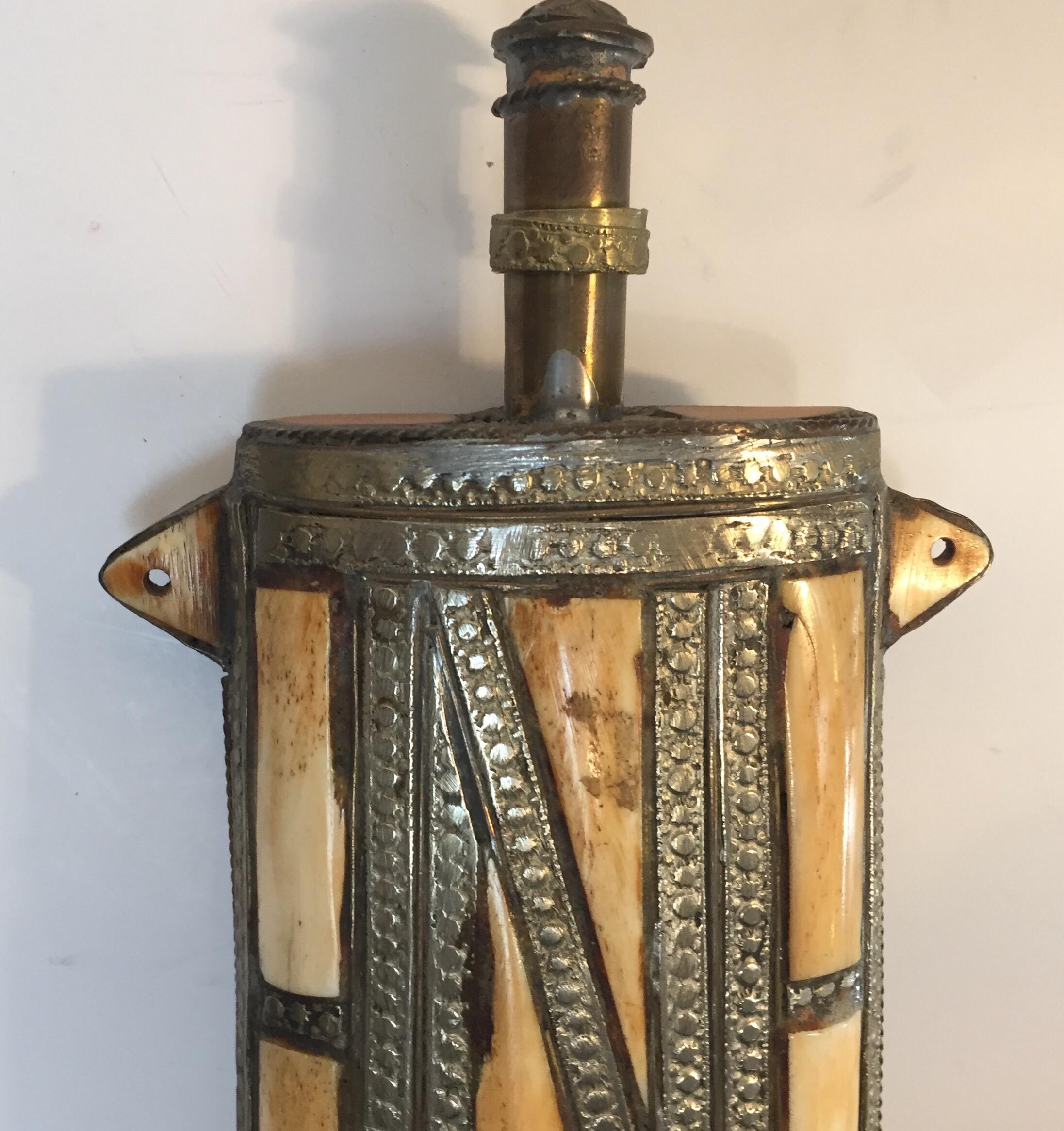 Moroccan Berber Brass Tribal Gun Powder Flask with Bone Inlay In Good Condition In North Hollywood, CA
