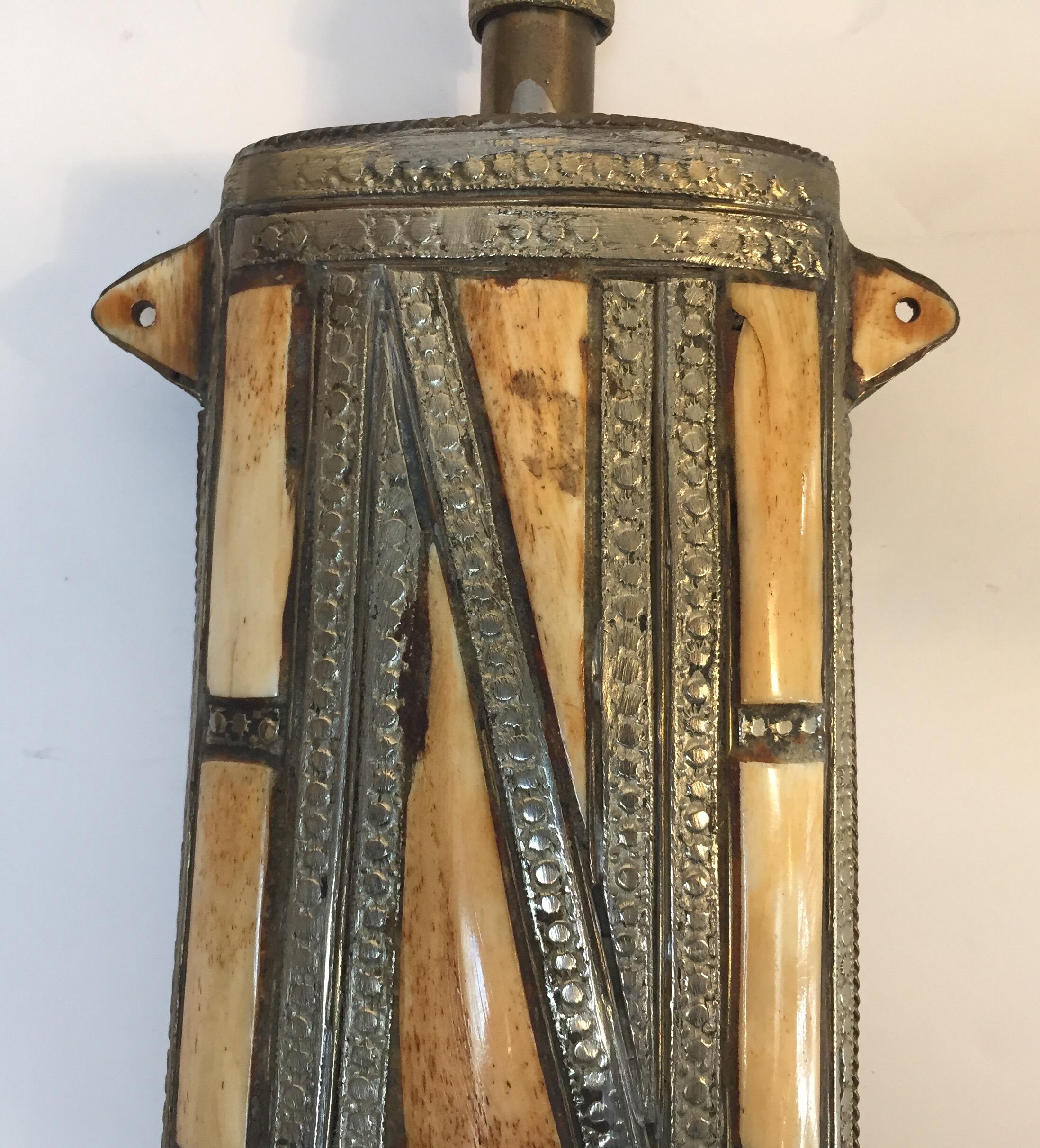 20th Century Moroccan Berber Brass Tribal Gun Powder Flask with Bone Inlay