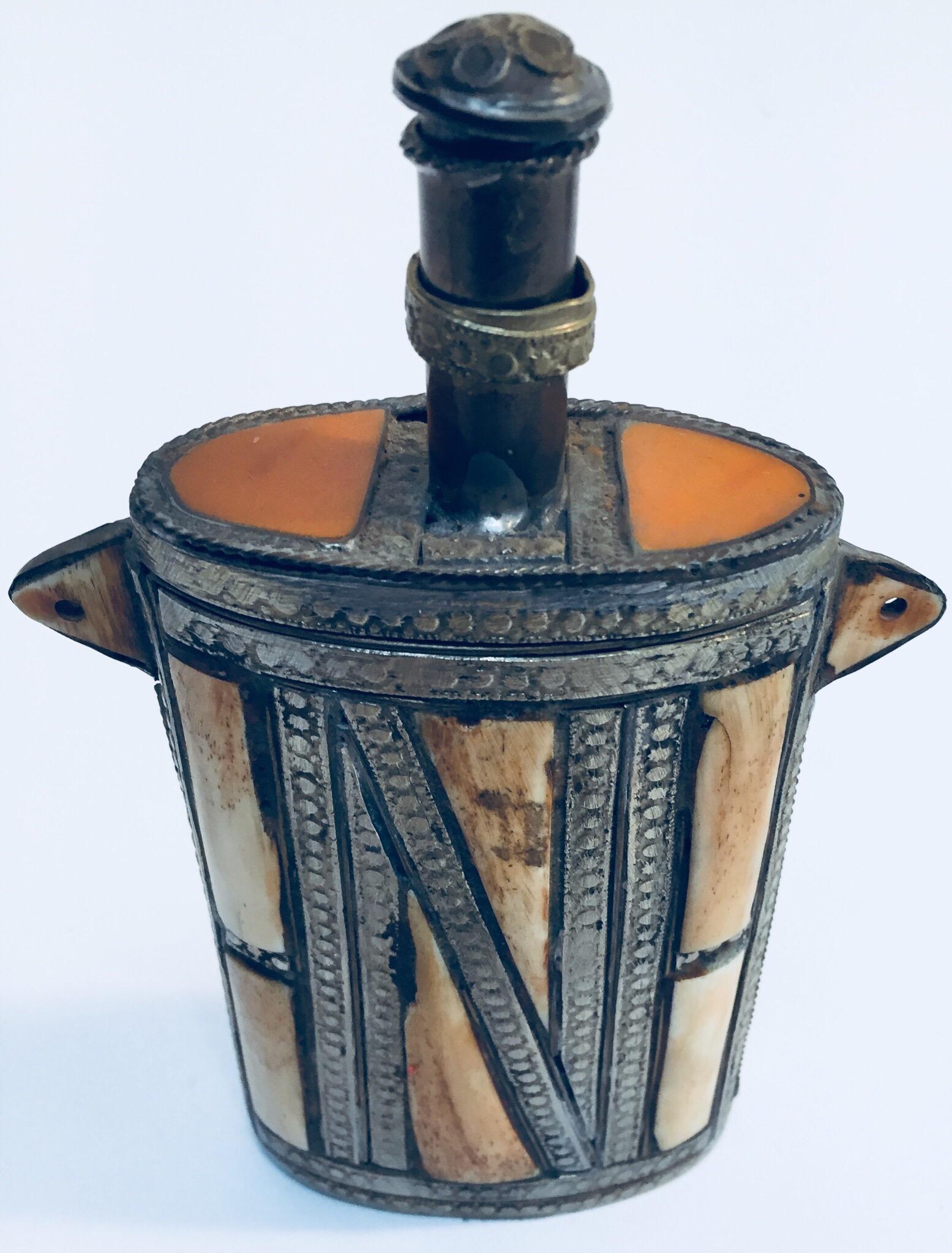 Moroccan Berber Brass Tribal Gun Powder Flask with Bone Inlay 4