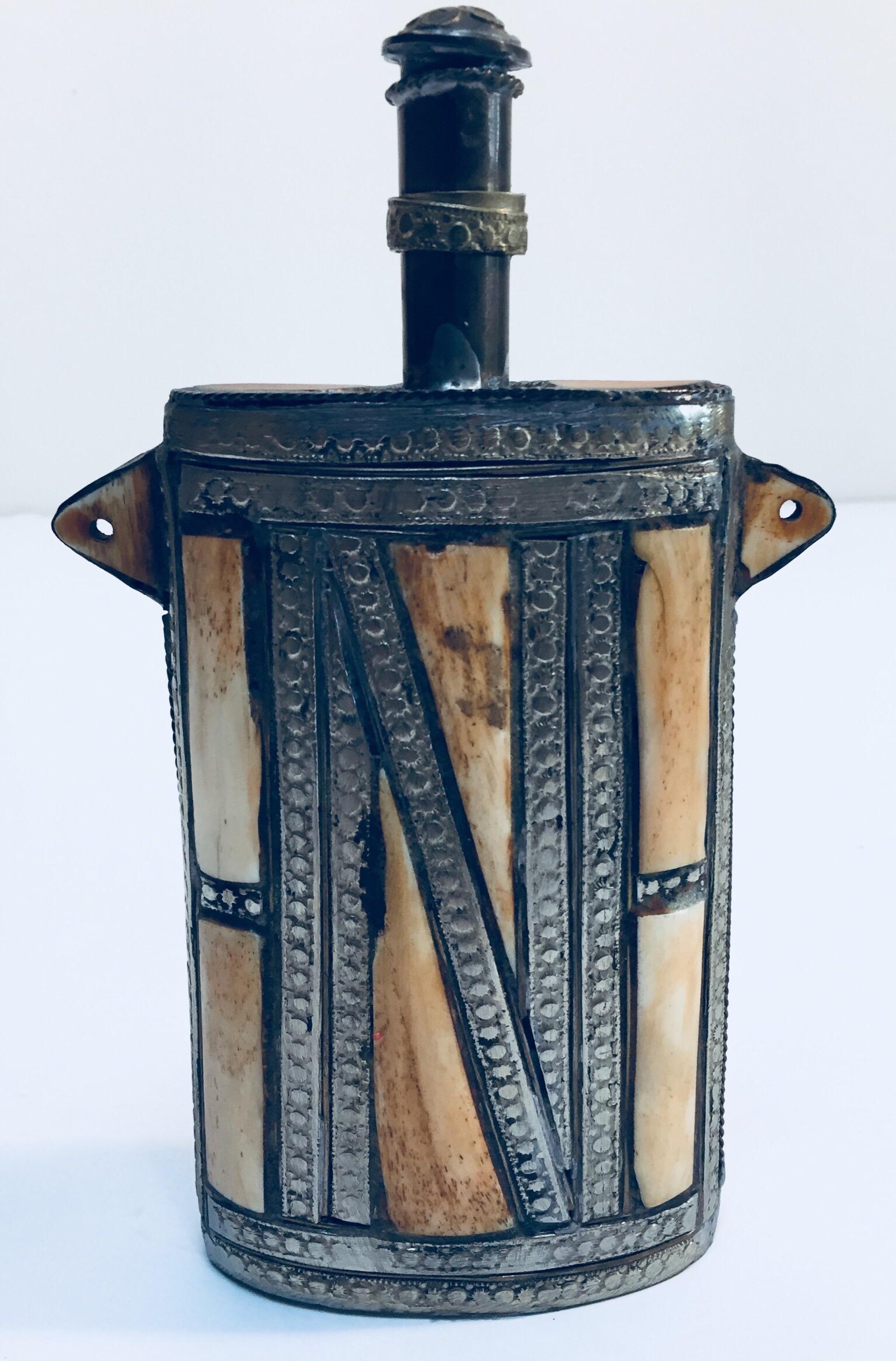 Moroccan Berber Brass Tribal Gun Powder Flask with Bone Inlay 5