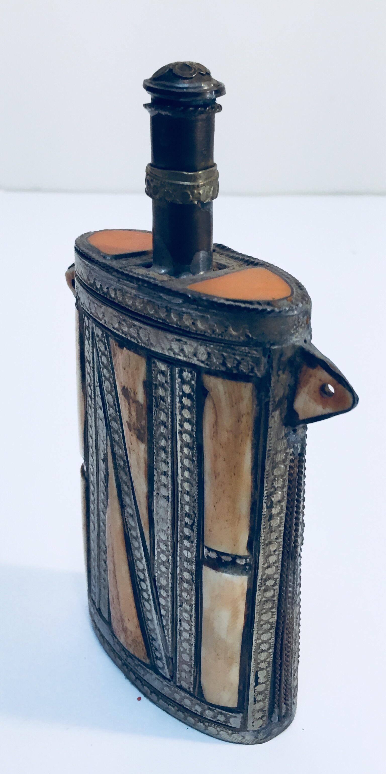 Moroccan Berber Brass Tribal Gun Powder Flask with Bone Inlay 6