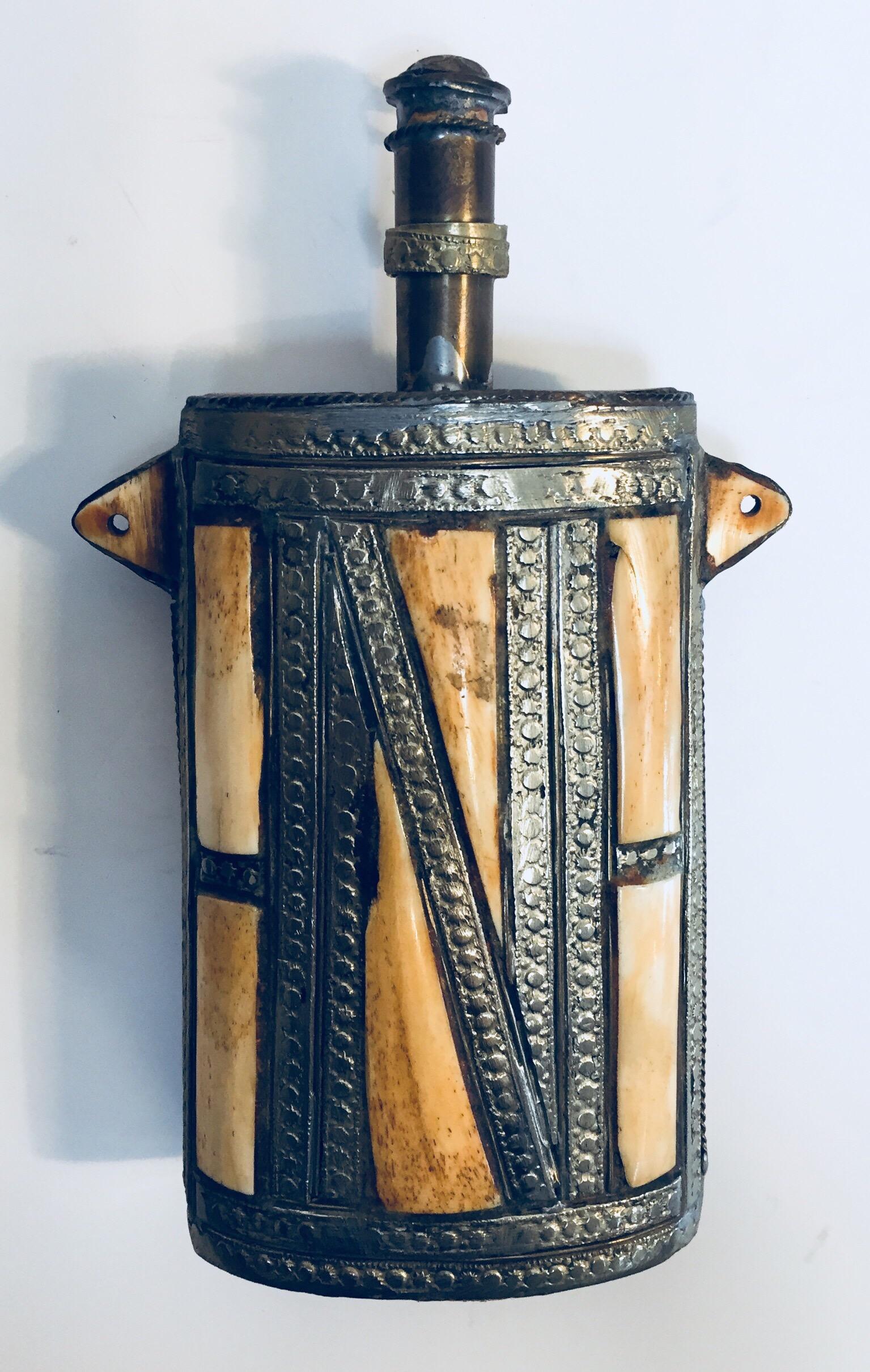 Moroccan Berber Brass Tribal Gun Powder Flask with Bone Inlay 12