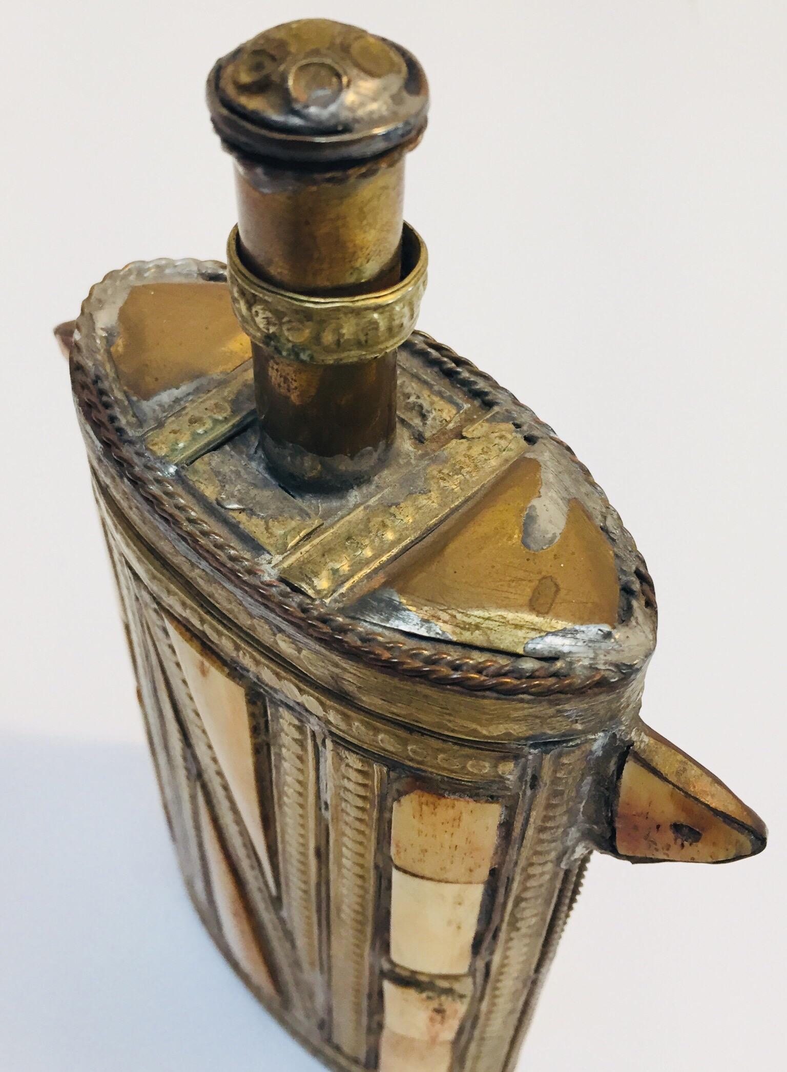 Folk Art Moroccan Brass Berber Tribal Flask  For Sale