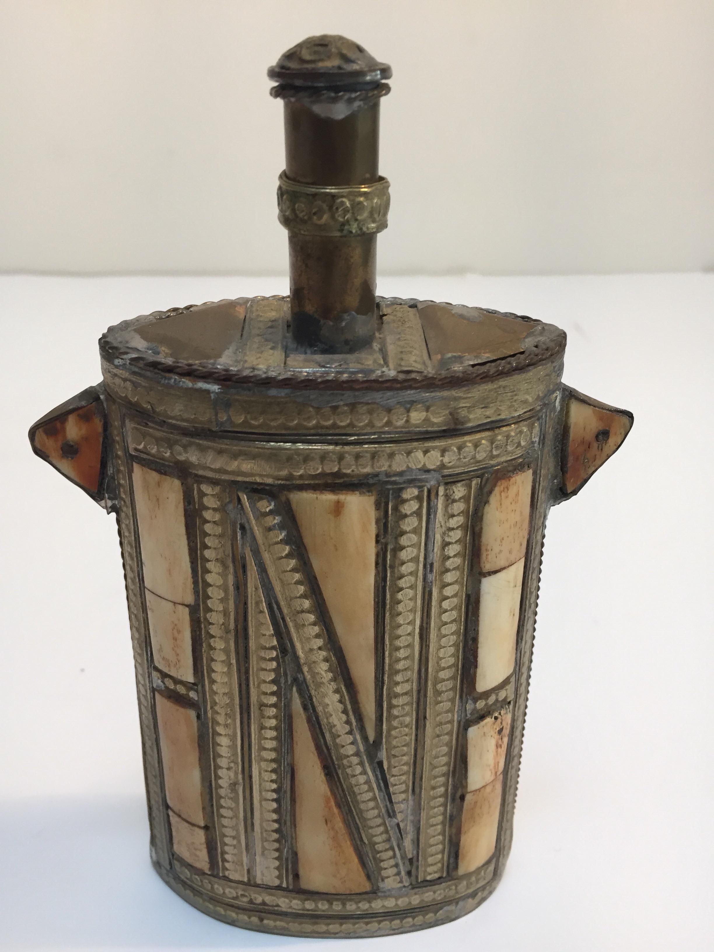 Moroccan Brass Berber Tribal Flask  In Good Condition For Sale In North Hollywood, CA