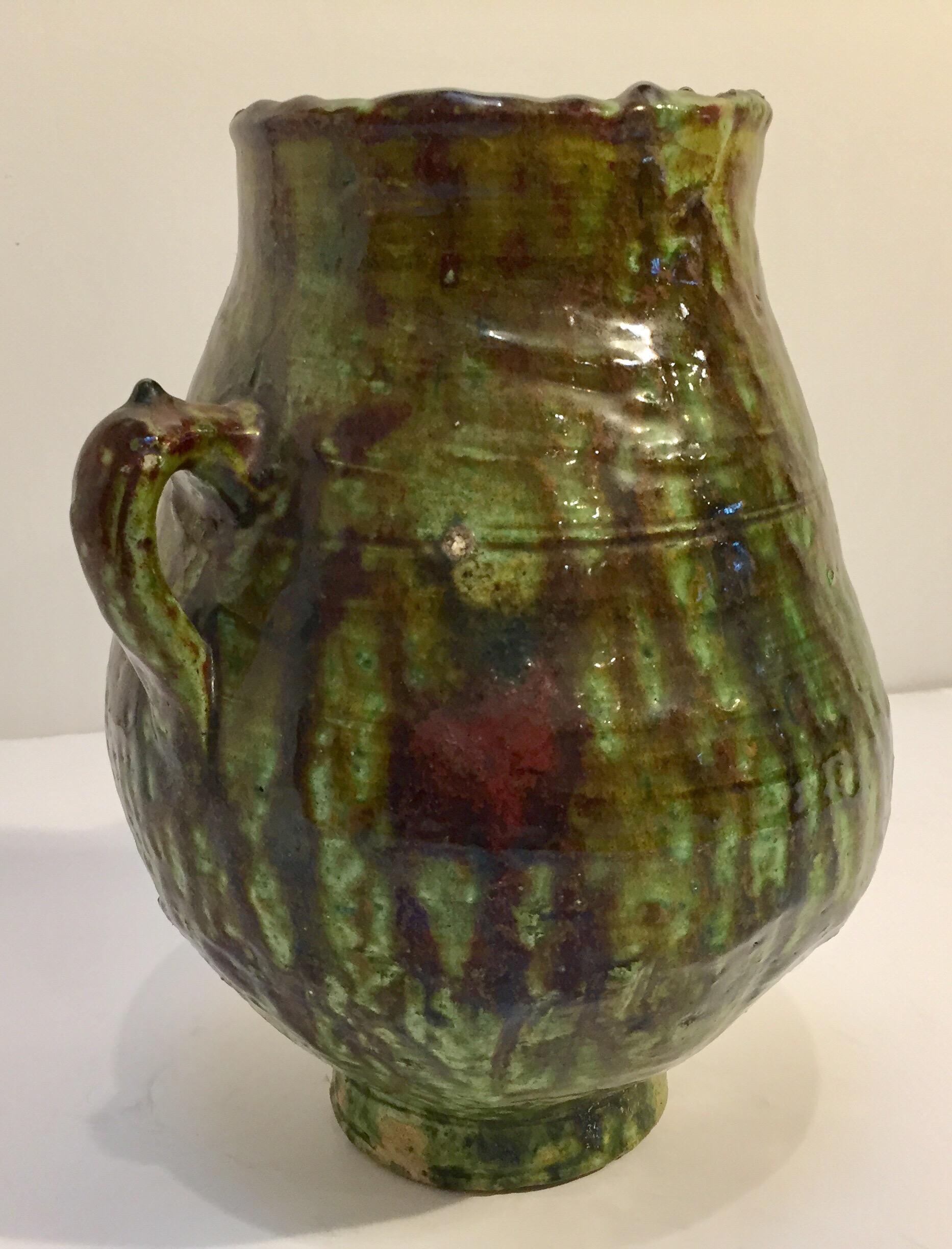 20th Century Moroccan Tribal Green Glazed Terracotta Jar