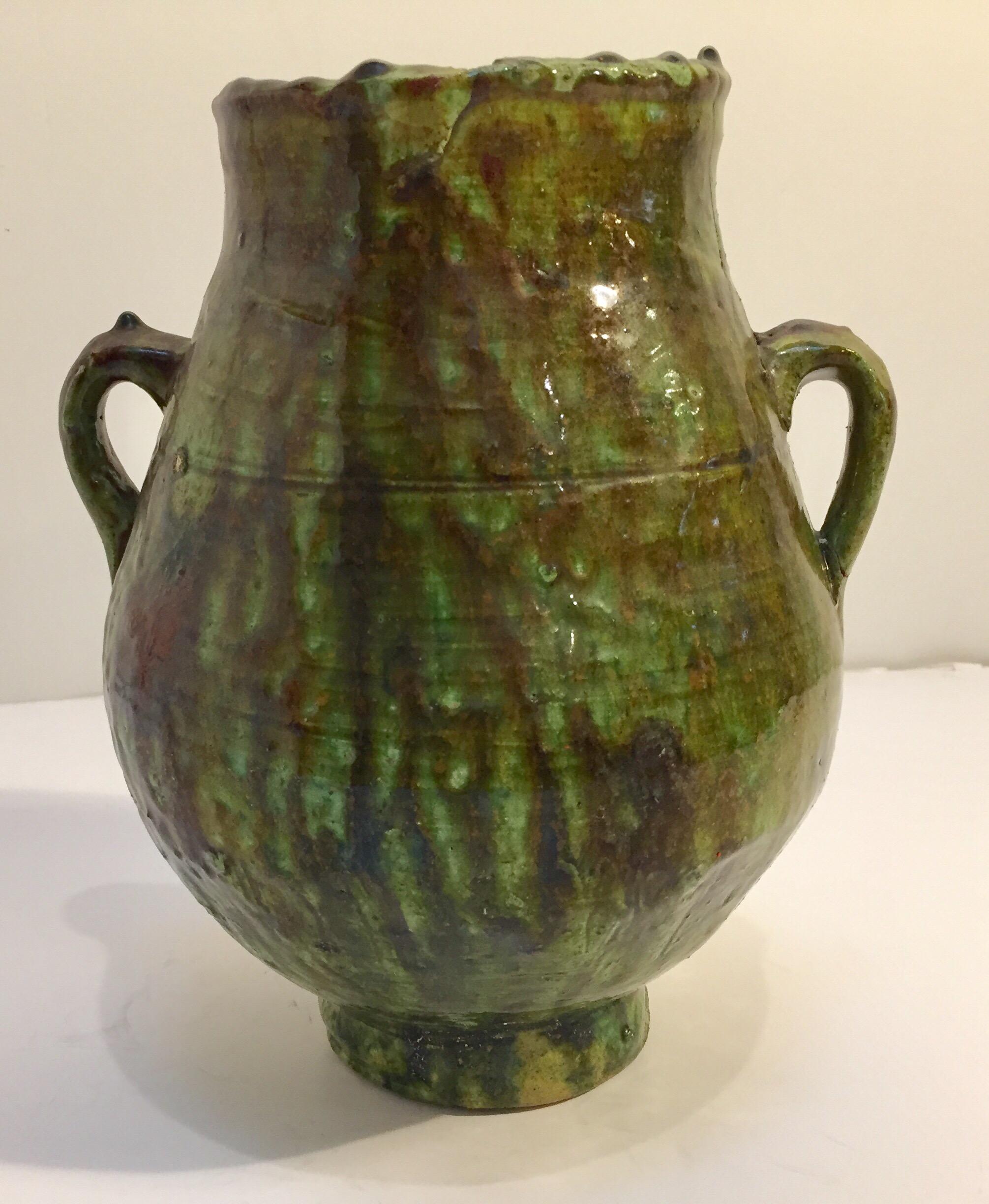 Ceramic Moroccan Tribal Green Glazed Terracotta Jar