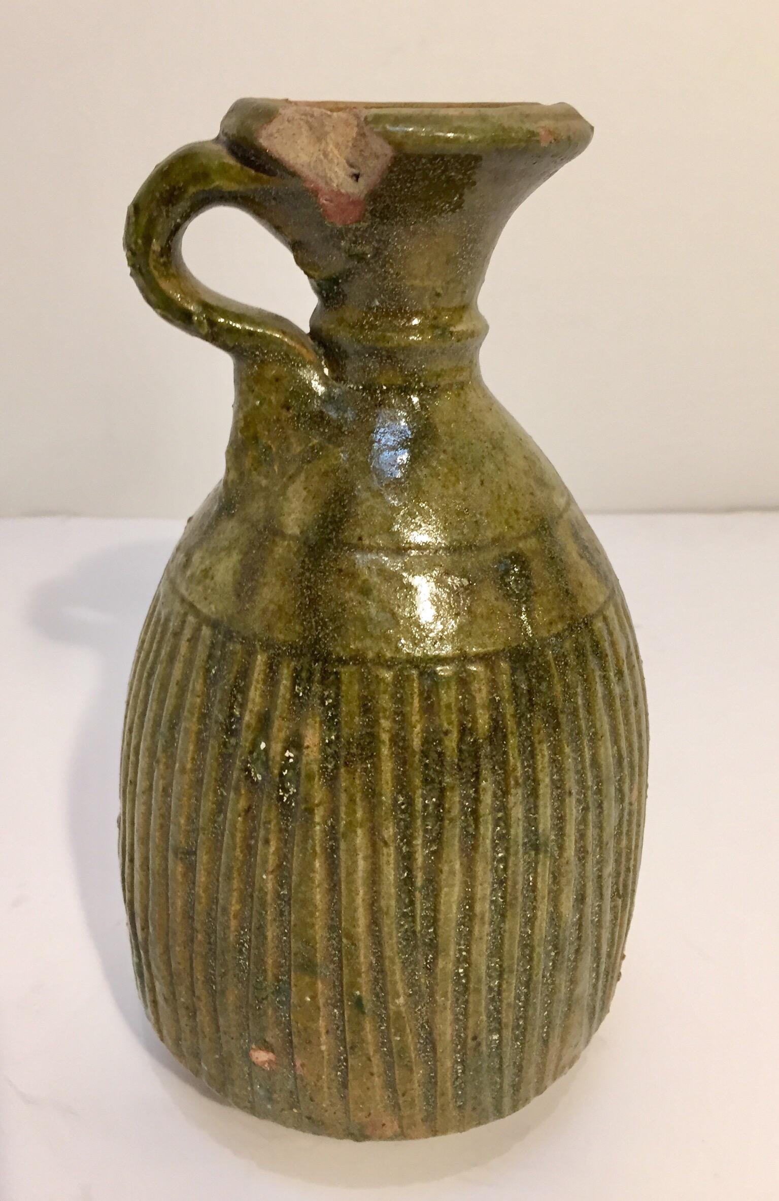 Ceramic Moroccan Berber Green Glazed Terra Cotta Jar