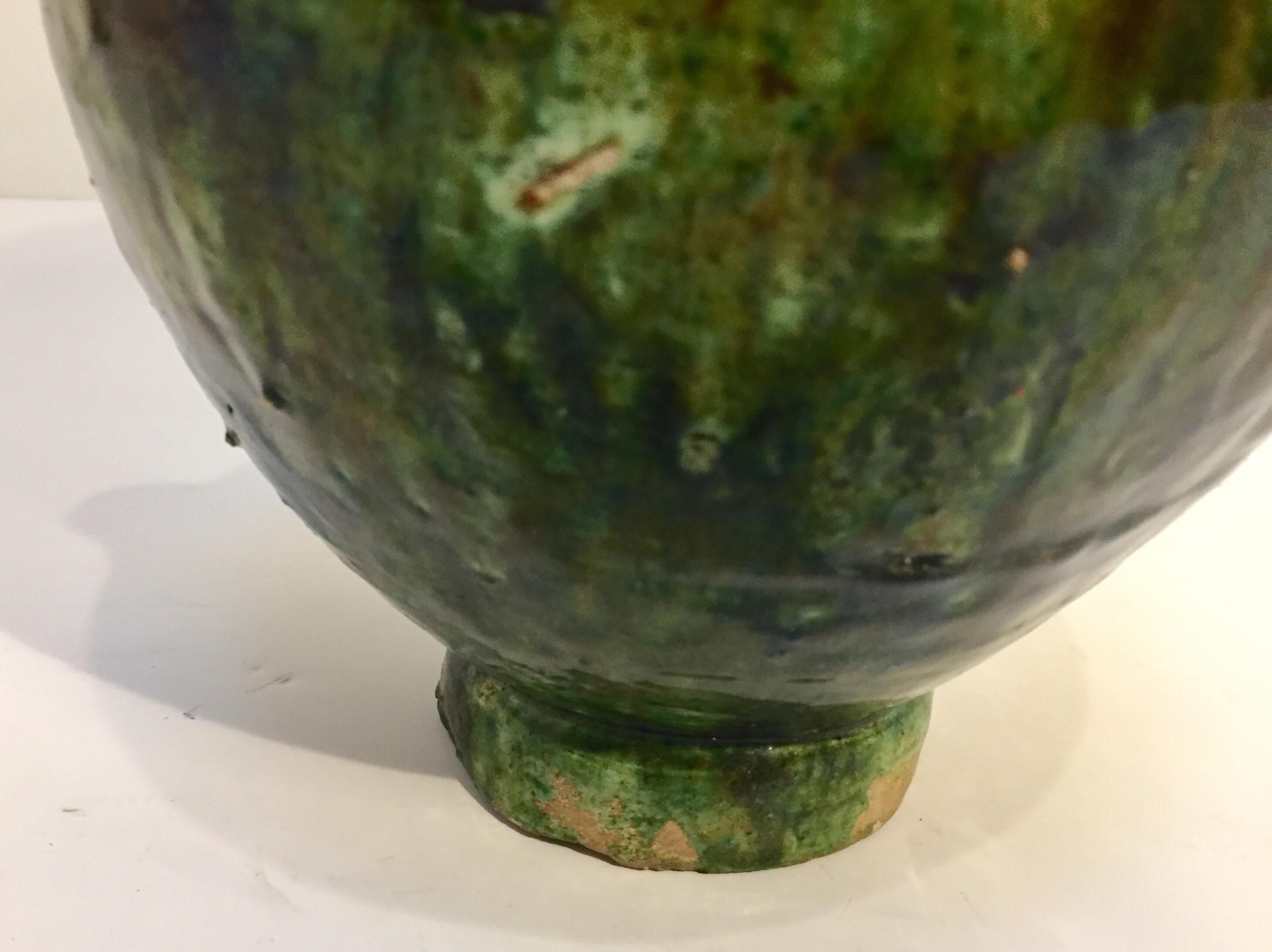 Hand-Crafted Moroccan Tribal Green Glazed Terracotta Jar