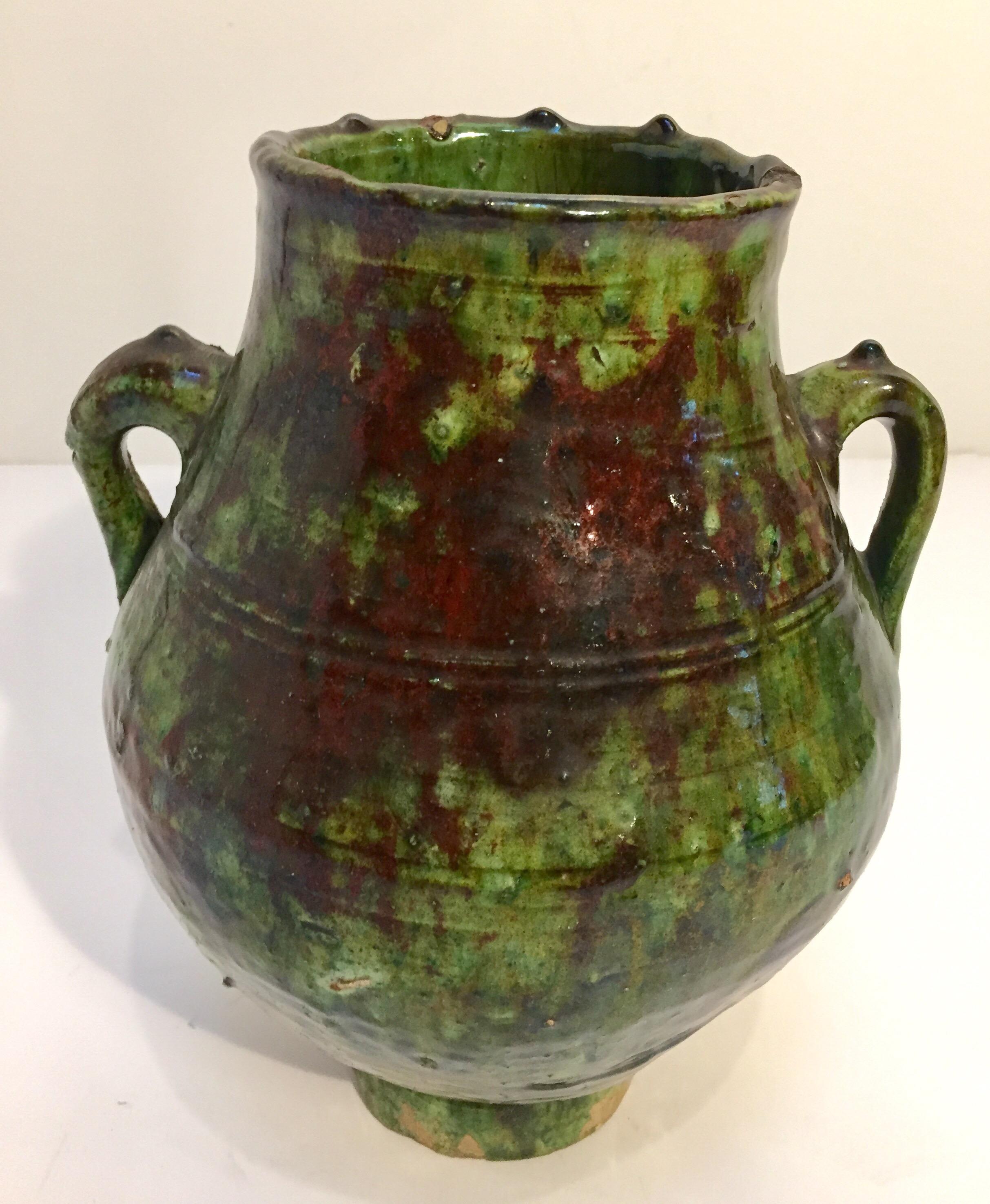 Moroccan Tribal Green Glazed Terracotta Jar In Good Condition In North Hollywood, CA
