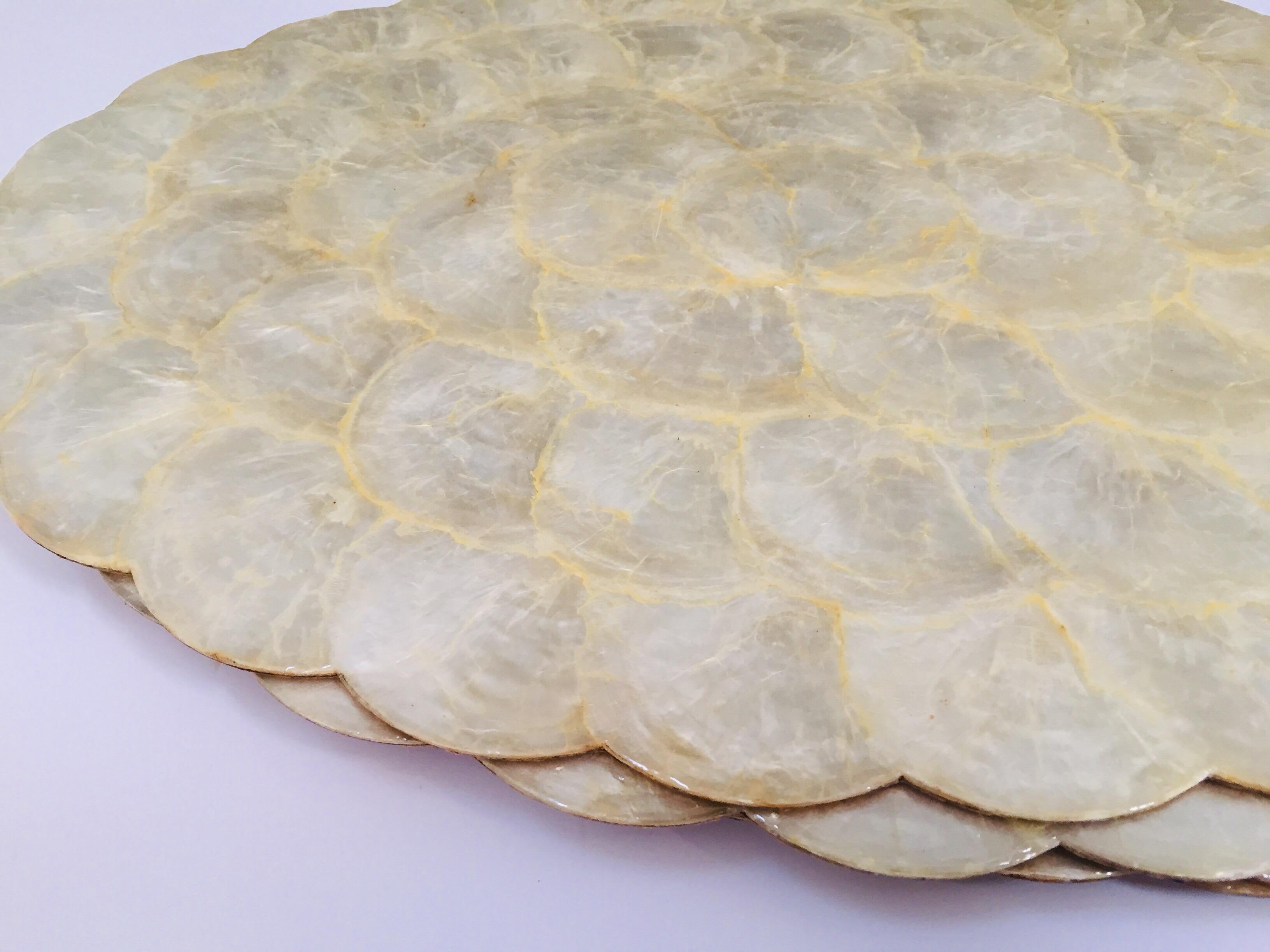 Bohemian Handcrafted Six Placemats in Natural Capiz Pearl Shell Scalloped Edge
