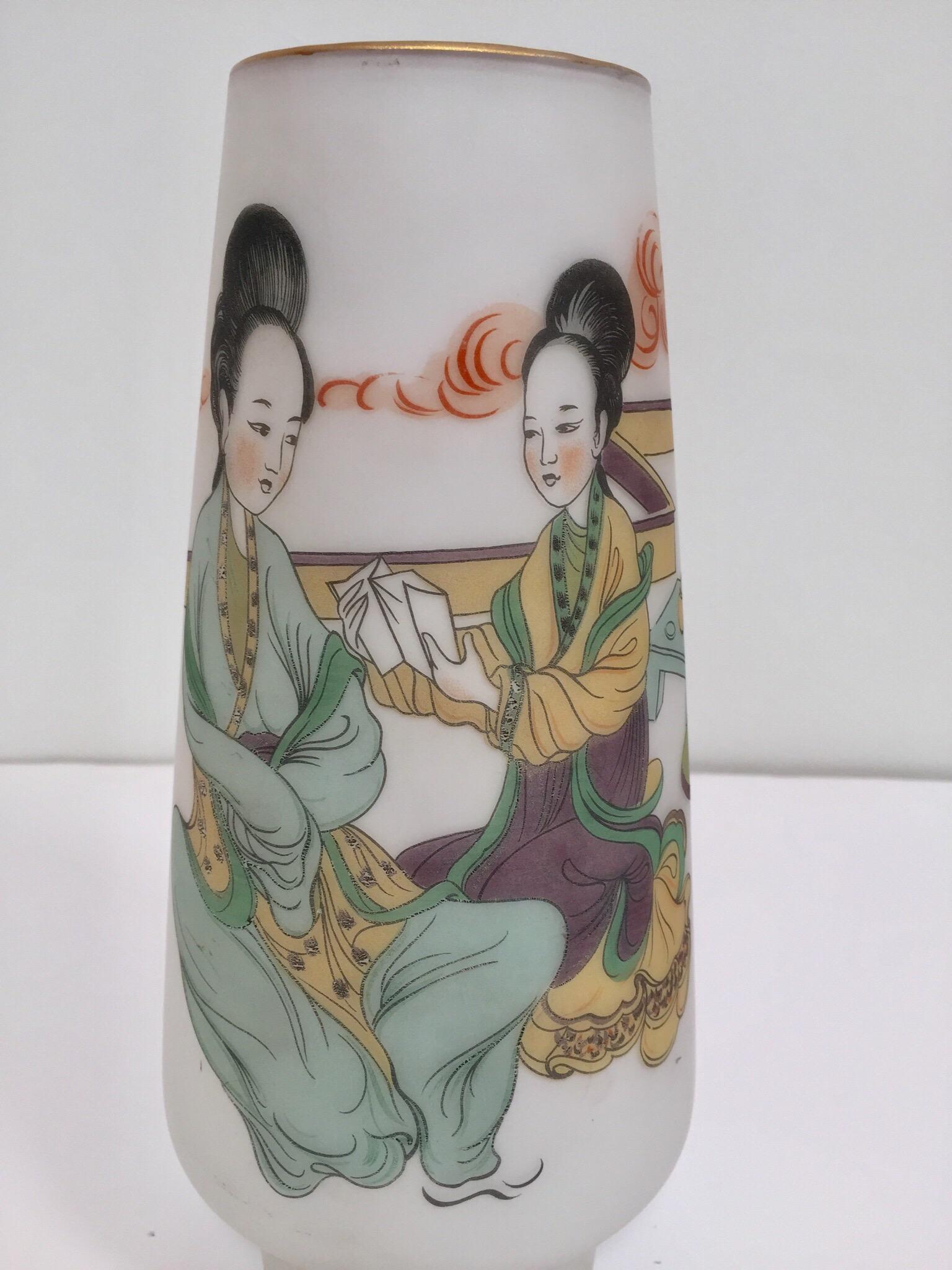 Mid-Century Modern Japanese Opaline White Glass Vase Hand Painted with Geishas For Sale
