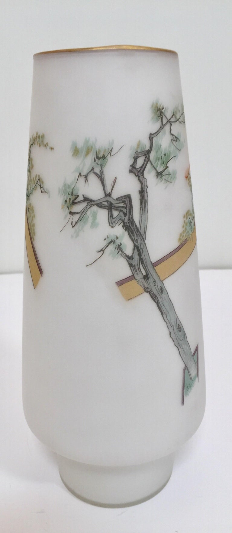 Japanese Opaline White Glass Vase Hand Painted with Geishas For Sale at