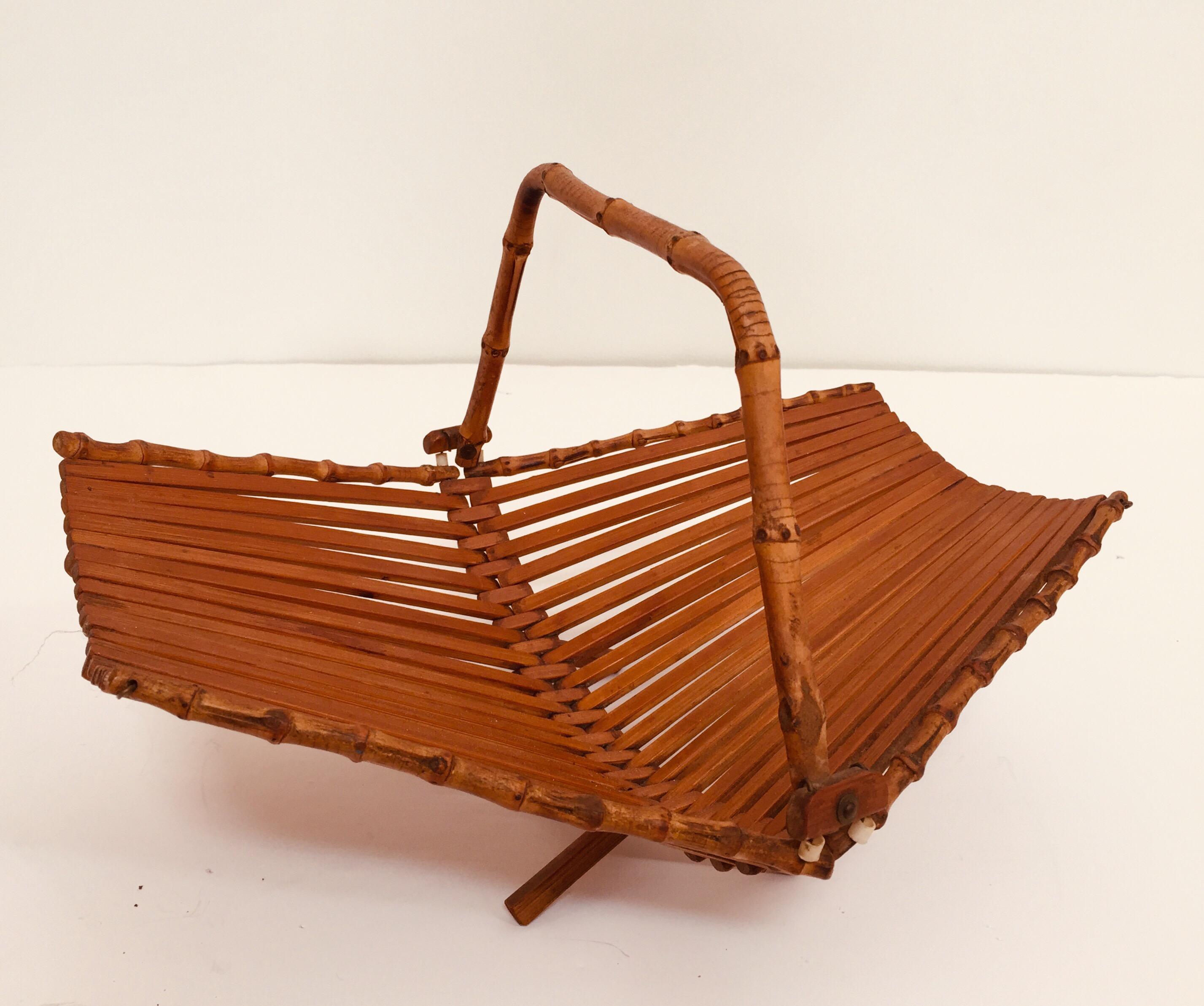 Mid-Century Modern Midcentury Japanese Folding Bamboo Basket with Handle