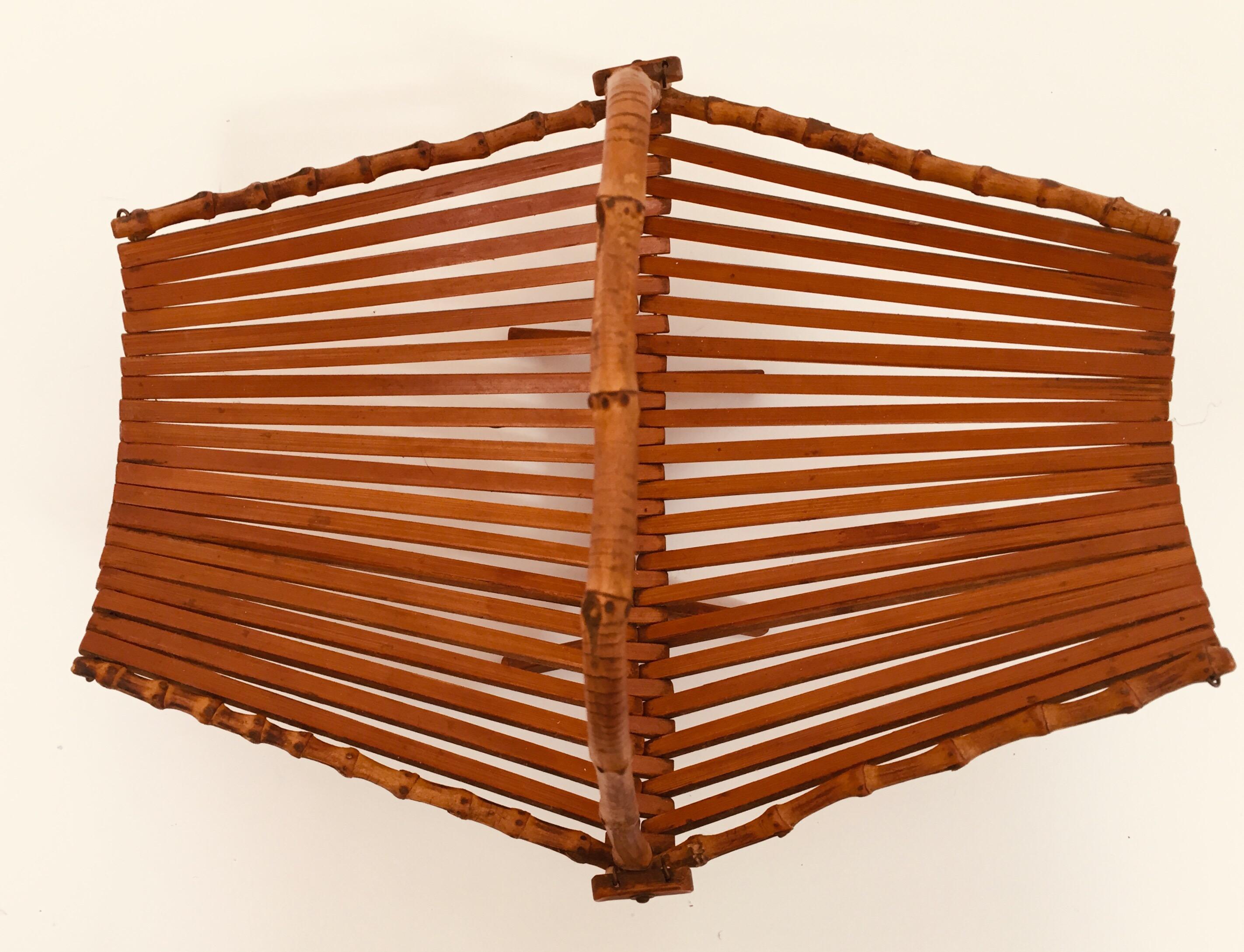 Midcentury Japanese Folding Bamboo Basket with Handle 1
