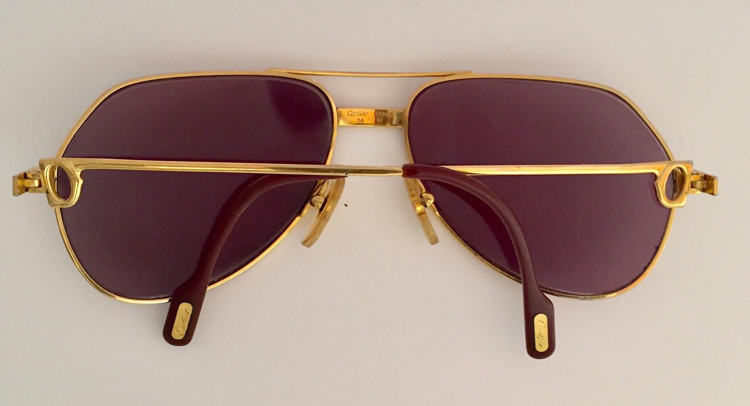 Gold Cartier Vintage Large Vendome Santos Sunglasses with Box, 1980