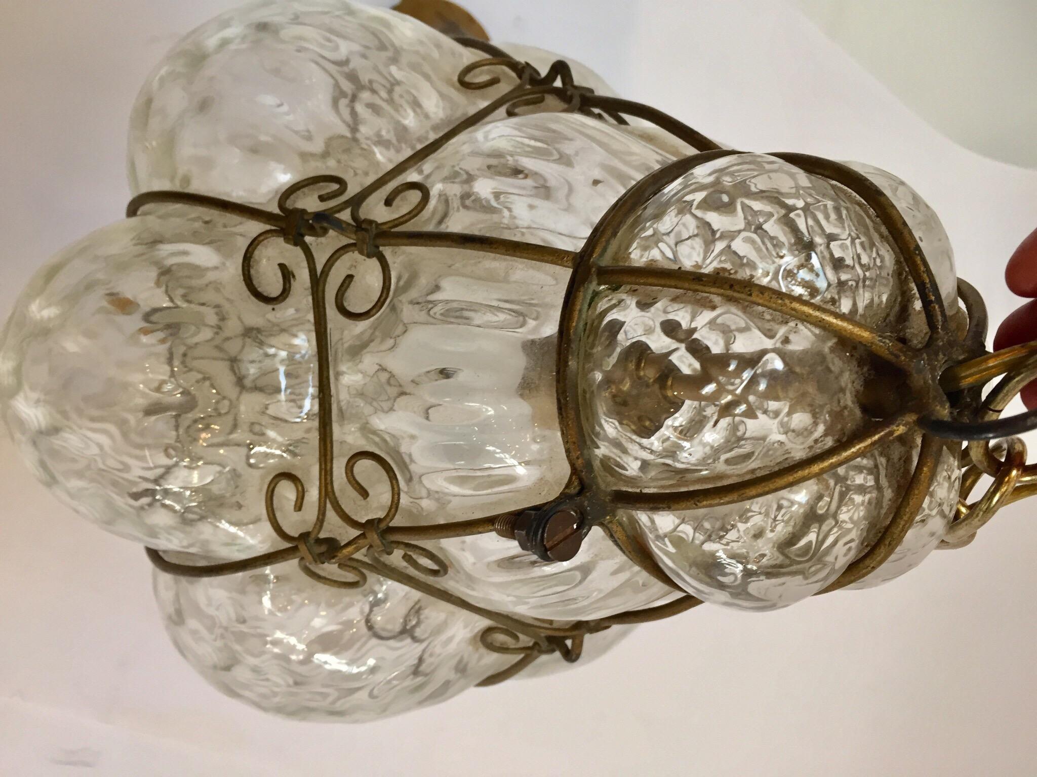 Vintage Handblown Seguso Murano Clear Glass Cage Pendant Light 11