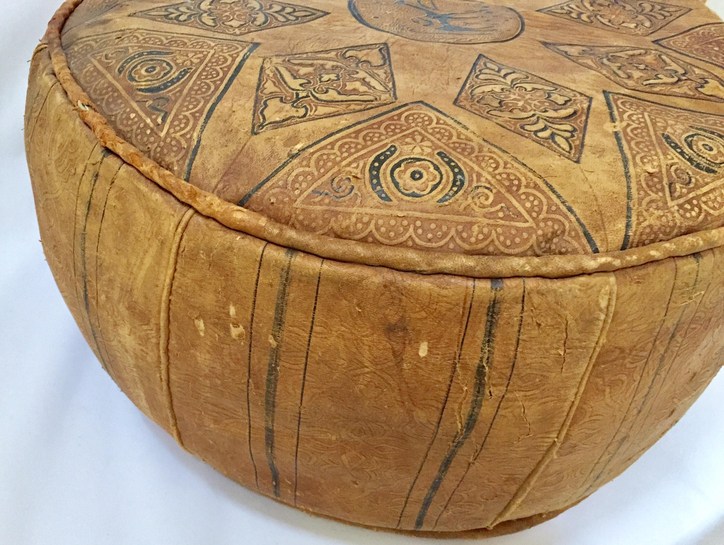 Moroccan Round Pouf Hand-Tooled and Embossed in Fez Morocco 7