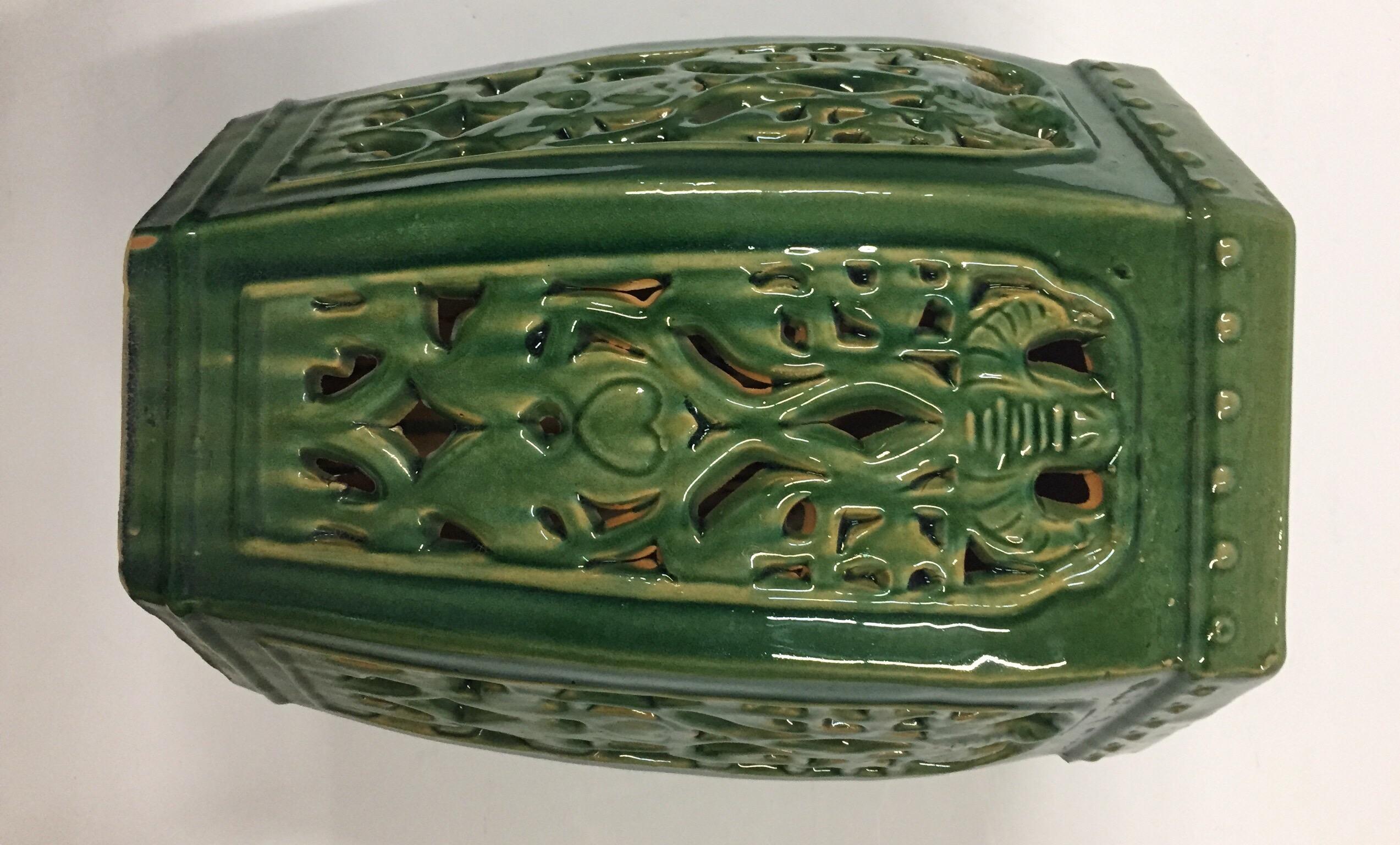 Green Chinese Barrel Ceramic Garden Stool In Fair Condition In North Hollywood, CA