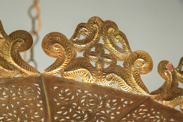 Hand-Carved Moroccan Polished Gold Brass Chandelier in Alberto Pinto Style For Sale