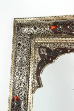 Pair of Moroccan Mirrors with Silvered Metal and Leather Wrapped