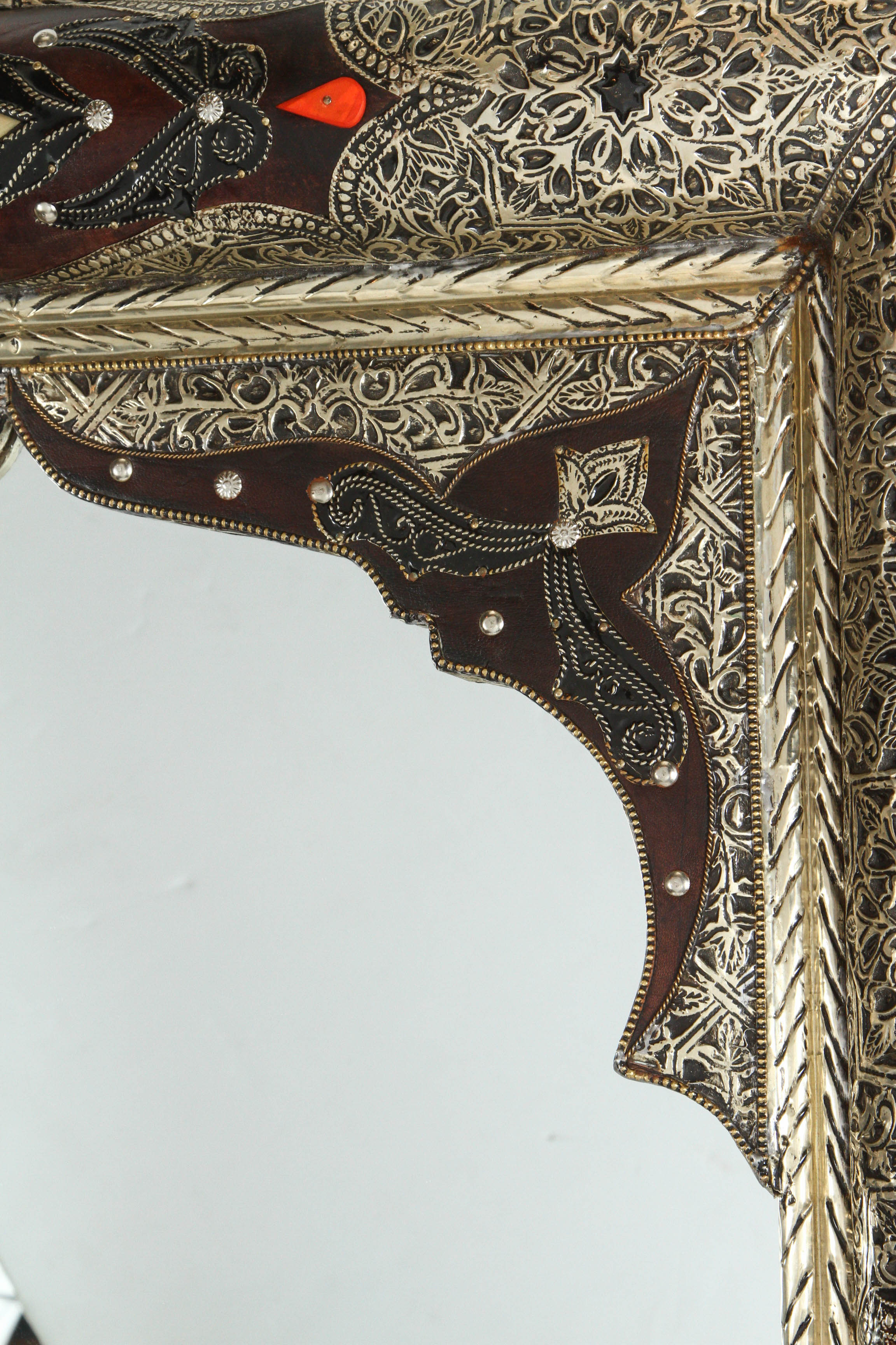 Hand-Carved Moroccan Mirror Silvered Metal and Leather Wrapped