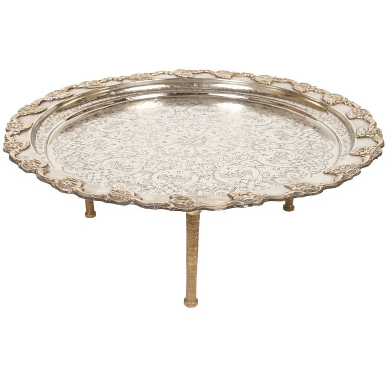 Moroccan Handcrafted Silver Round Tray For Sale