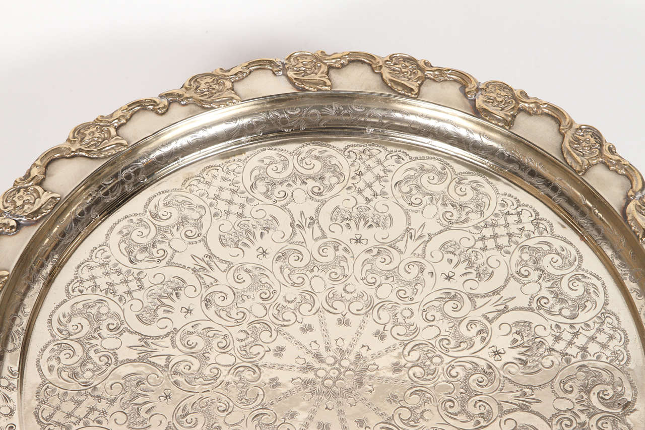 Moorish Moroccan Handcrafted Silver Round Tray For Sale