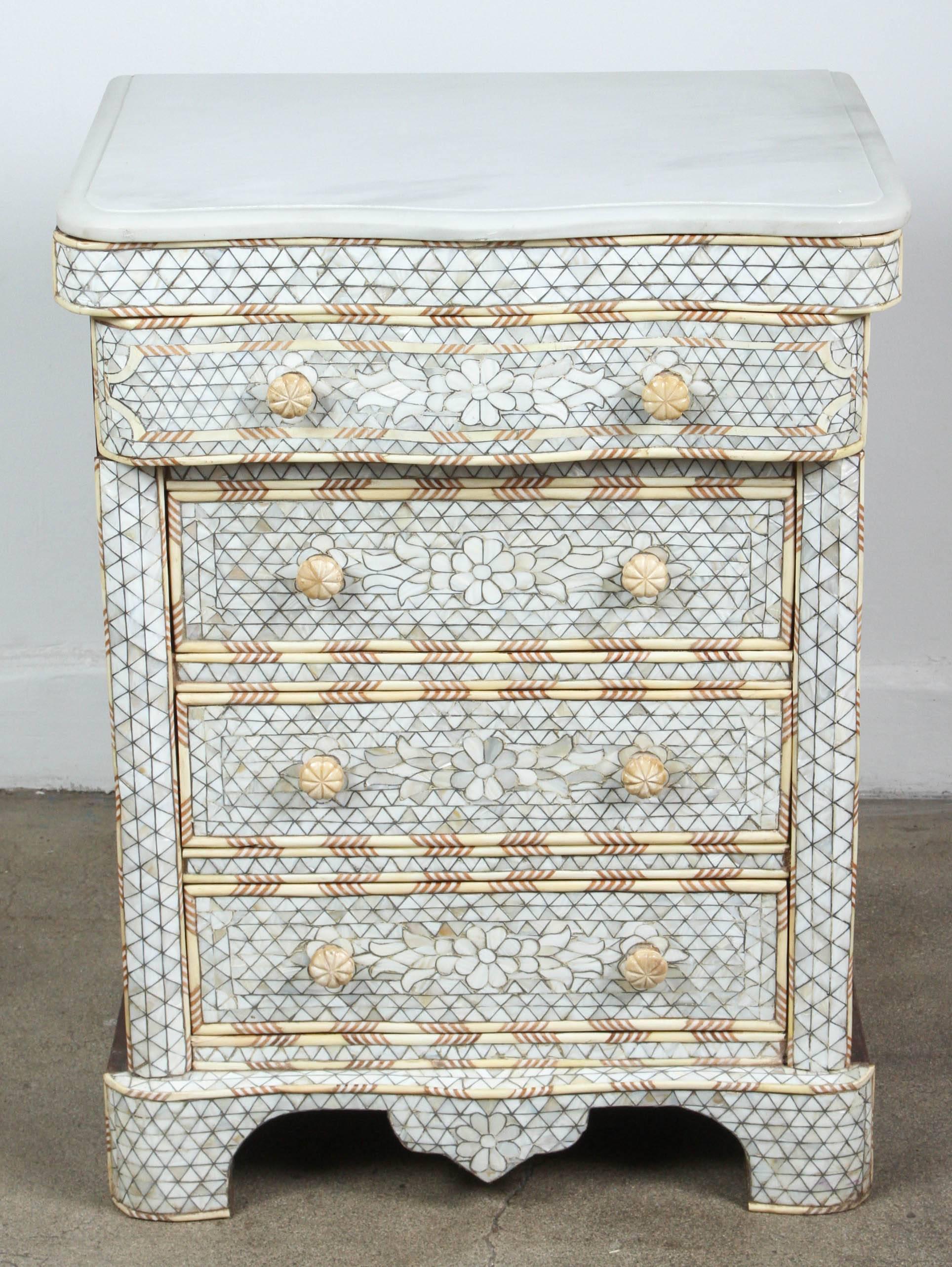 Bone Pair of Mother-of-Pearl Inlay Syrian Nightstands