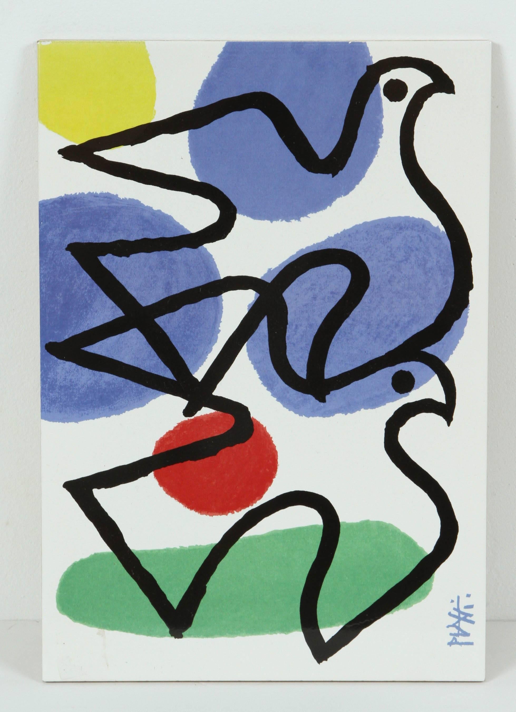 Dreisatz, Feuer, Wind, Erde, original postmoderne Keramikfliesen von Celestino Piatti.
Celestino Piatti (1922-2007) war ein Schweizer Grafiker, Designer, Maler und Buchillustrator.
Jede Fliese ist auf der Vorderseite vom Künstler 