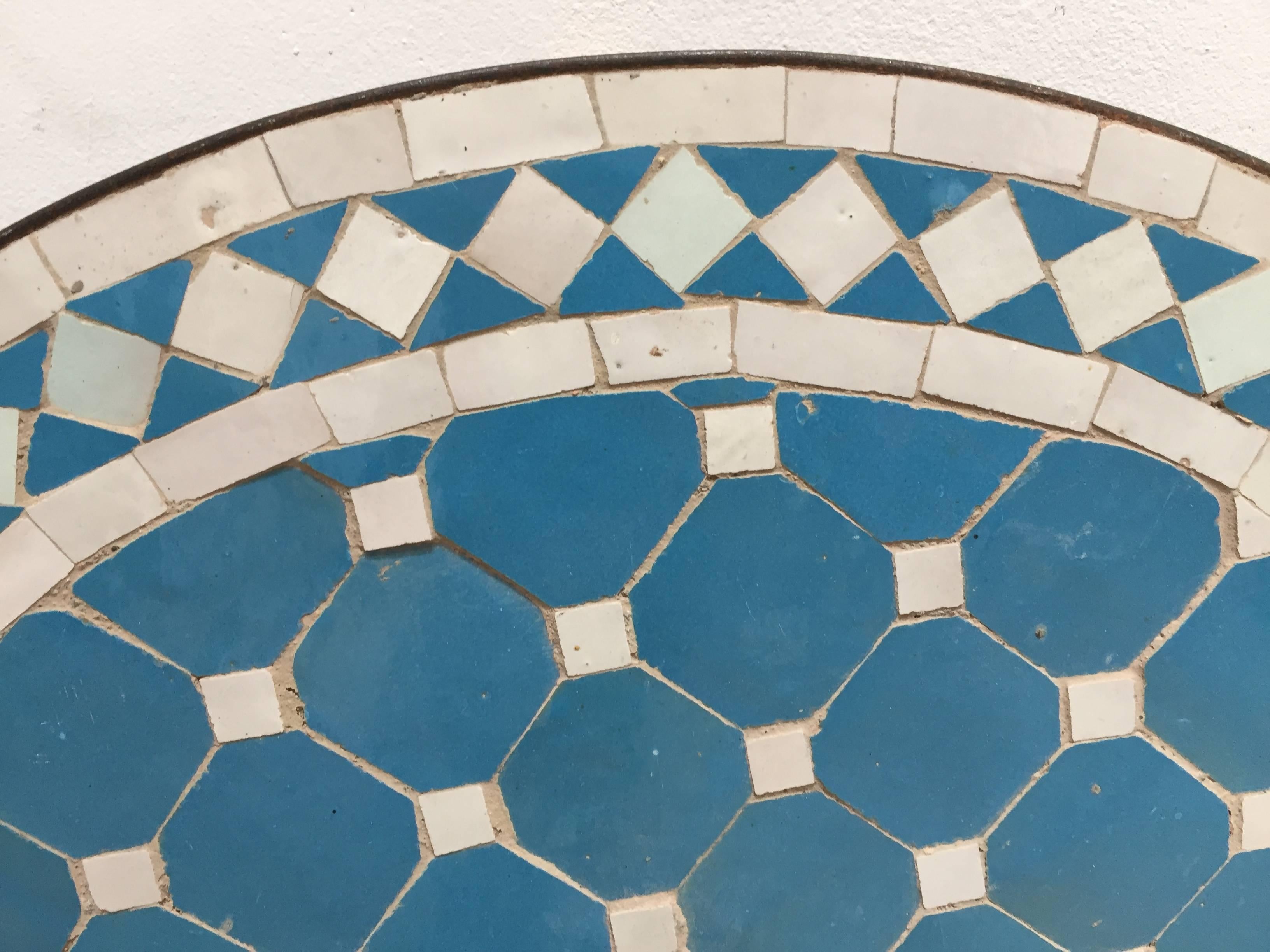 Moorish Moroccan Mosaic Outdoor Blue Tile Side Table on Low Iron Base